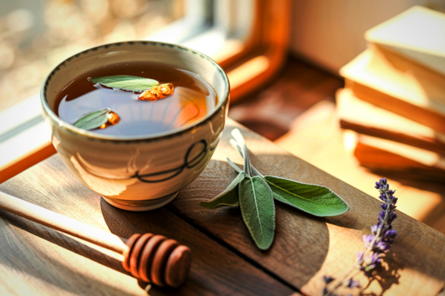 Herbal tea with sage leaves and dried fruit in a ceramic cup on a wooden board beside a honey dipper and lavender in warm sunlight.