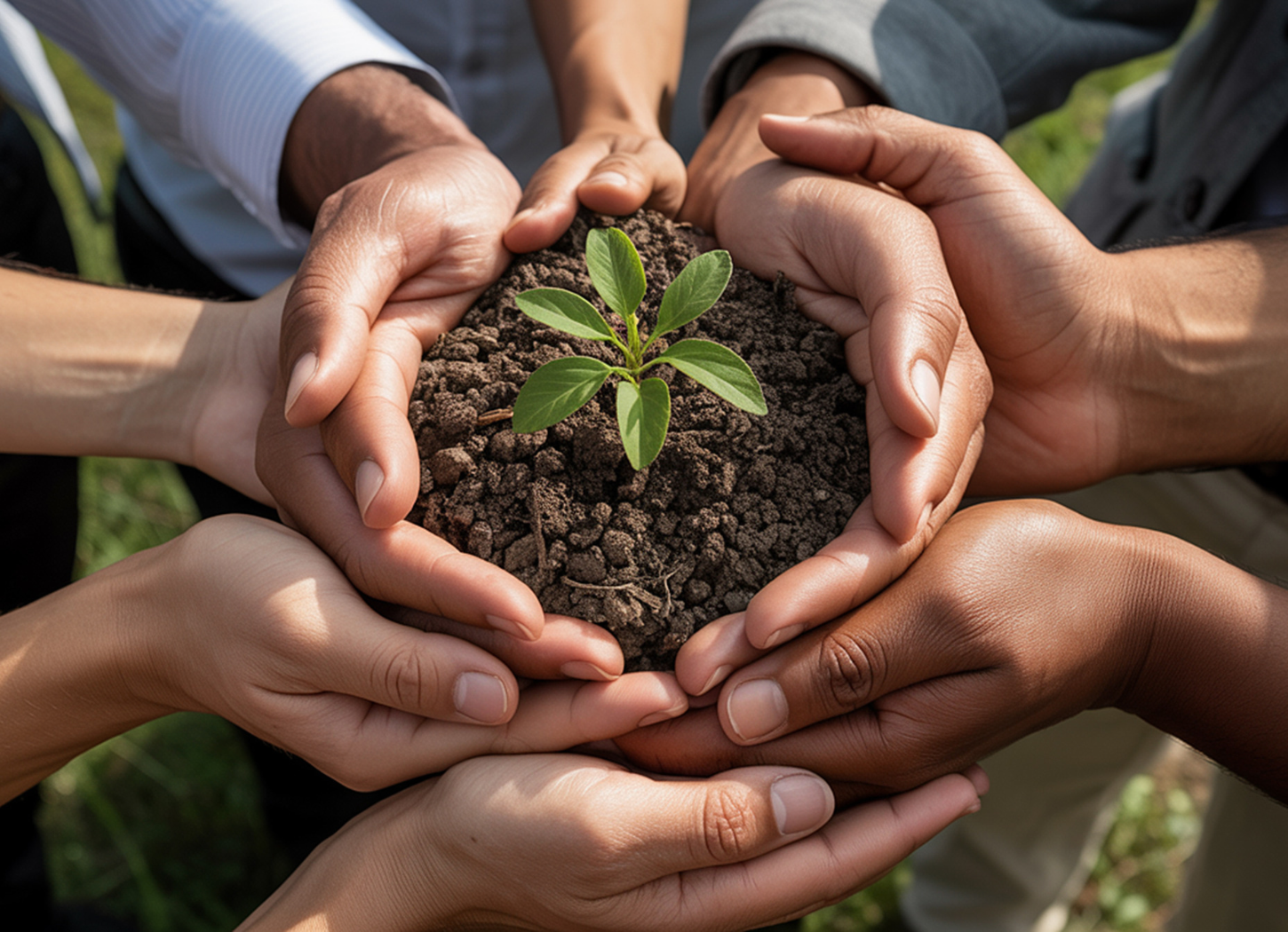 Multiple hands gently surround a small green plant growing from dark soil
