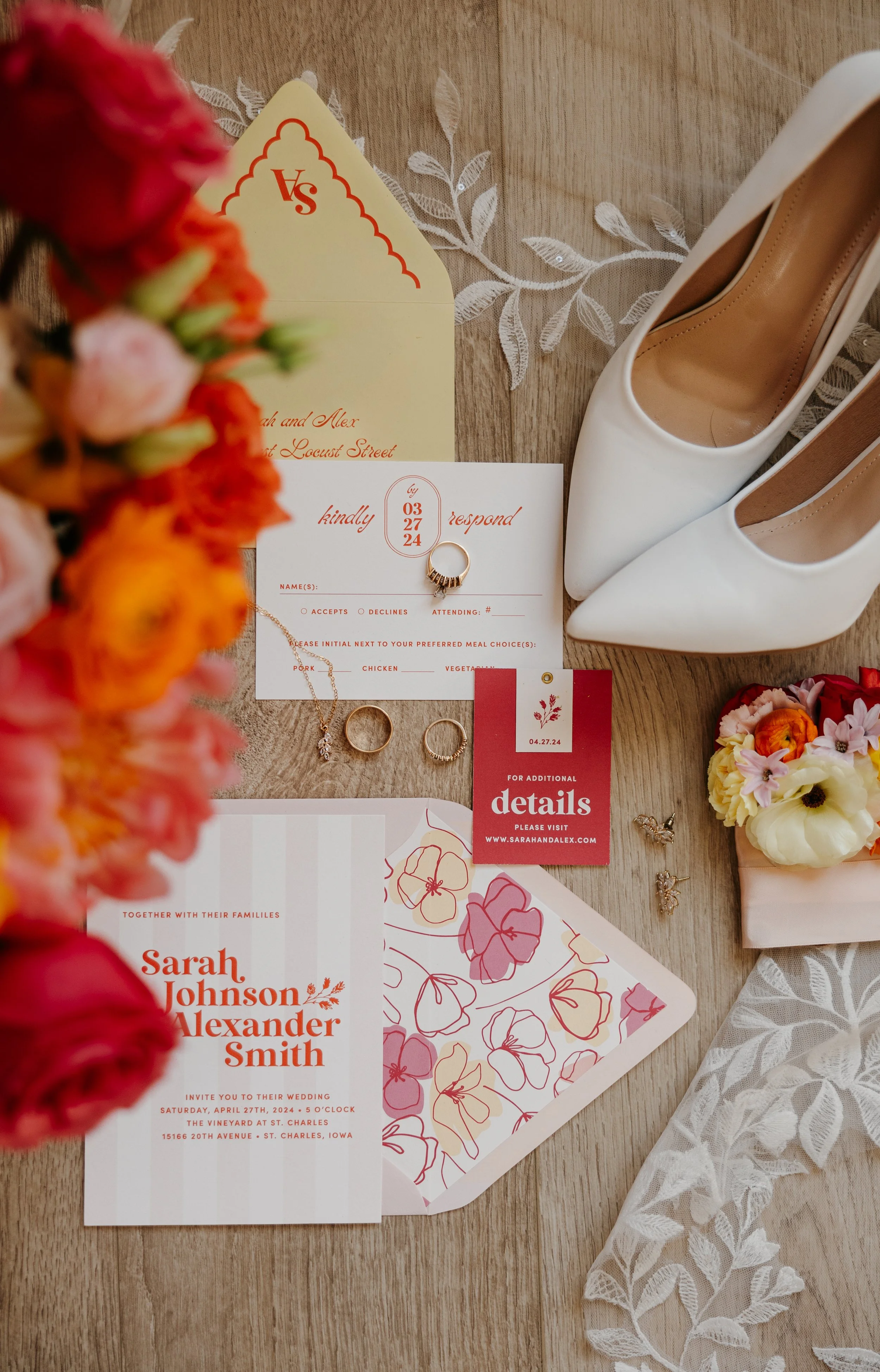Wedding invitation suite with the names Sarah Johnson and Alexander Smith, along with wedding details, jewelry, white high heels, flowers, and an RSVP card.