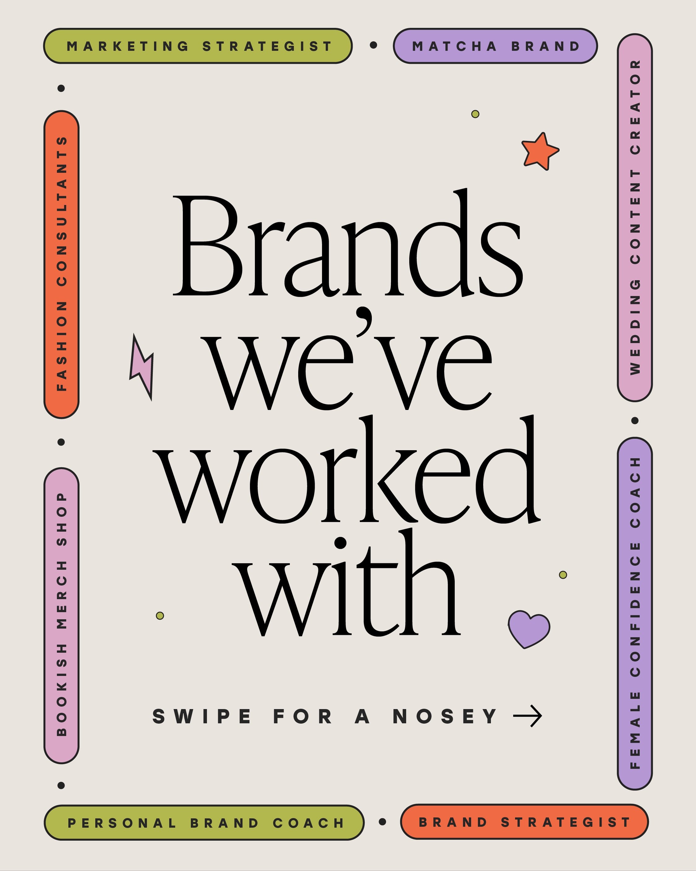 We honestly feel SO lucky we get to work with brands from so many different industries! 

Here&rsquo;s a look at some of the brand identities we&rsquo;ve worked on lately for our clients 🤩&nbsp;we actually can&rsquo;t pick a fave, they&rsquo;re all 