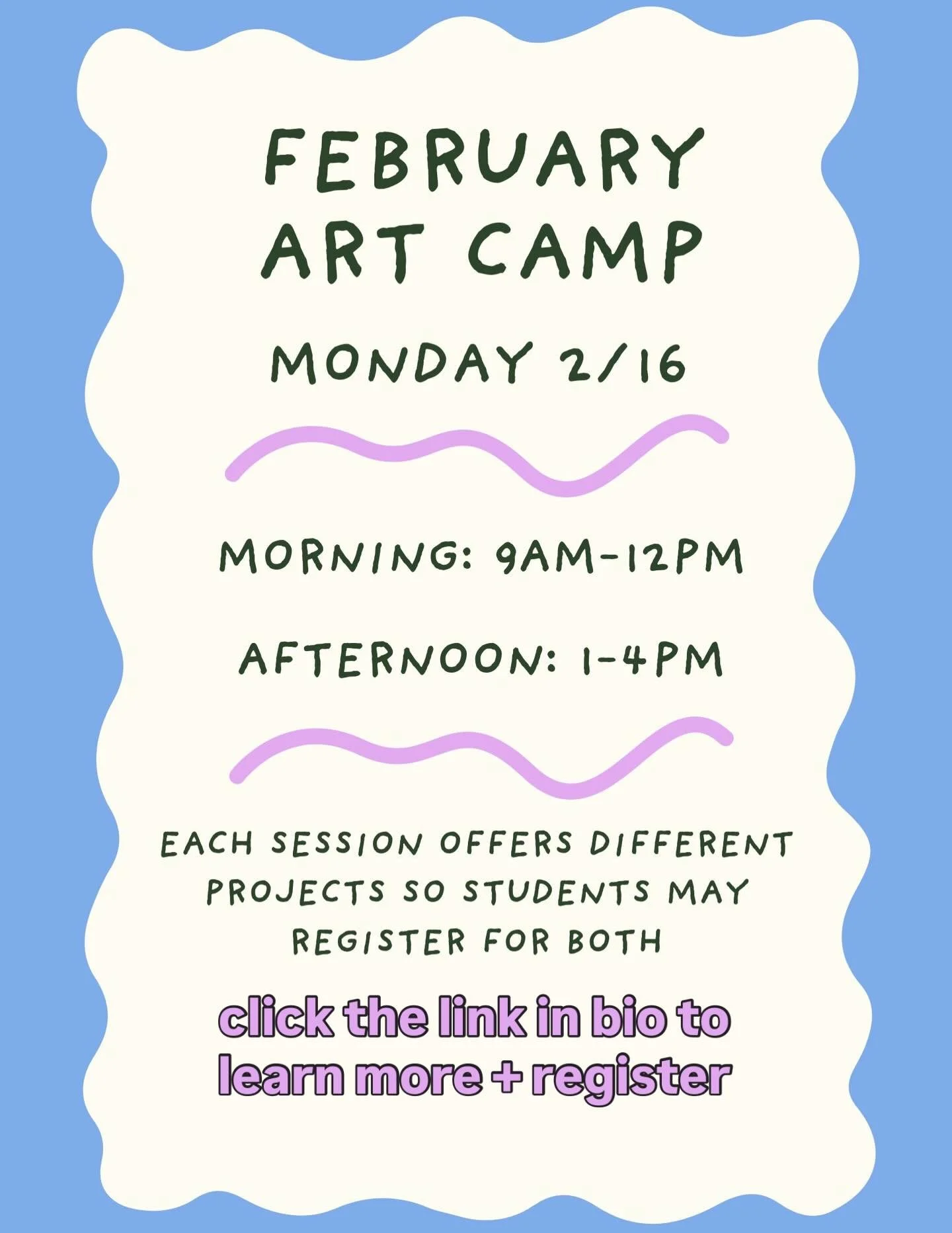Join Little Spring Studio for Art Camp on Monday, February 16th! Students will work on a variety of projects, including painting, fiber arts, sculpture, drawing, and more.

Sign up for the morning session (9 AM-12 PM), afternoon session (1 PM-4 PM), 