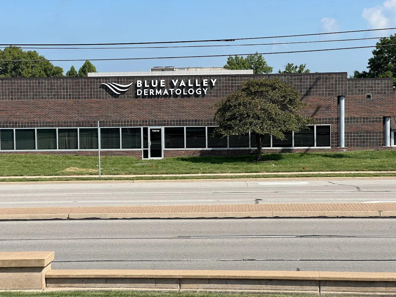 Sign for Blue Valley Dermatology on a white wall, with a glass door leading into the clinic. There is a promotional banner featuring smiling women and skincare treatments to the right of the door.