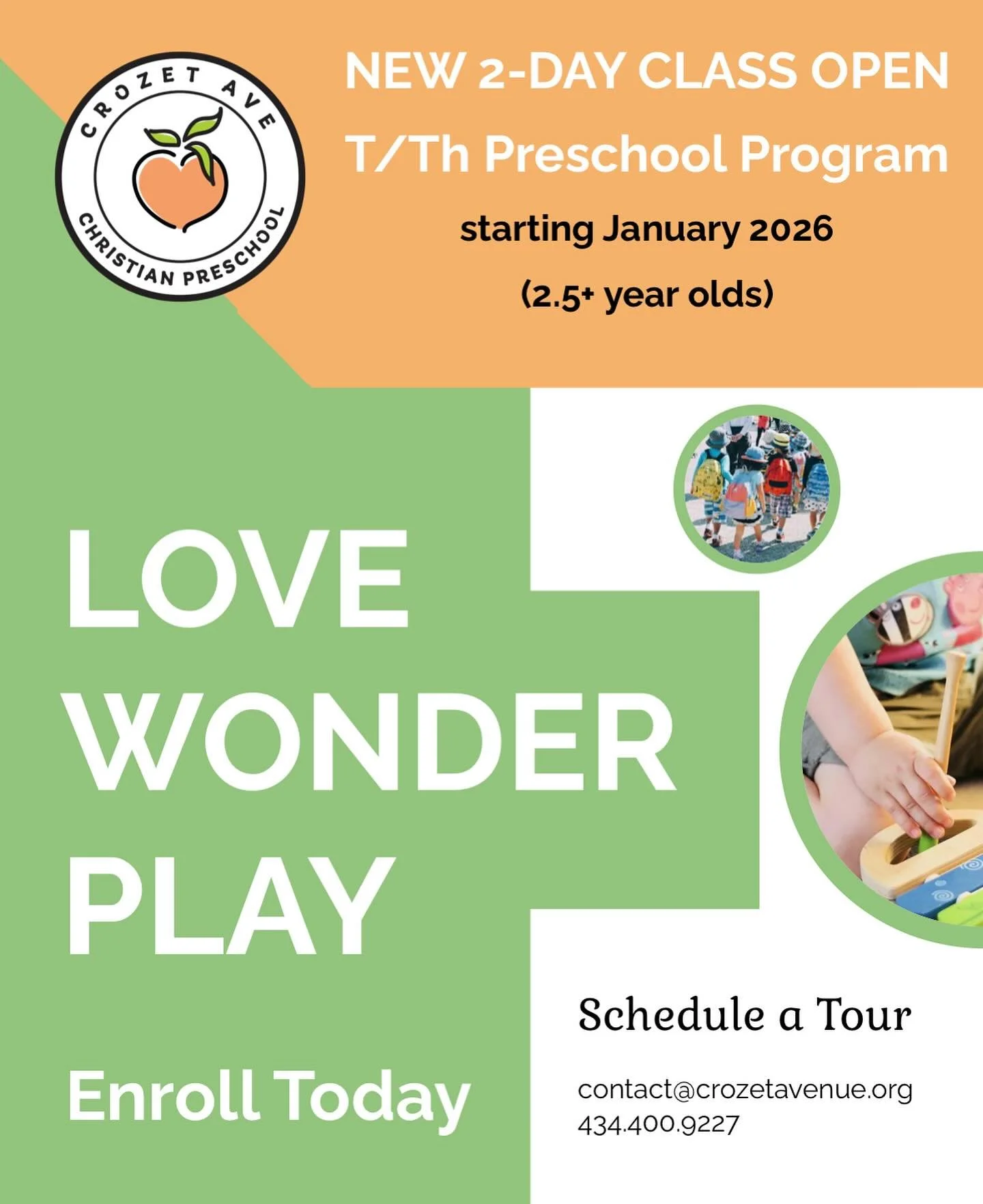 Spread the news!!! 📣📣📣

We are launching a NEW 2-Day (Tuesday/Thursday) class for 2.5+ year olds beginning January 2026. Enroll now to reserve a spot!

Email our director @anna.wysocki_ (contact@crozetavenue.org) or visit our website for more info