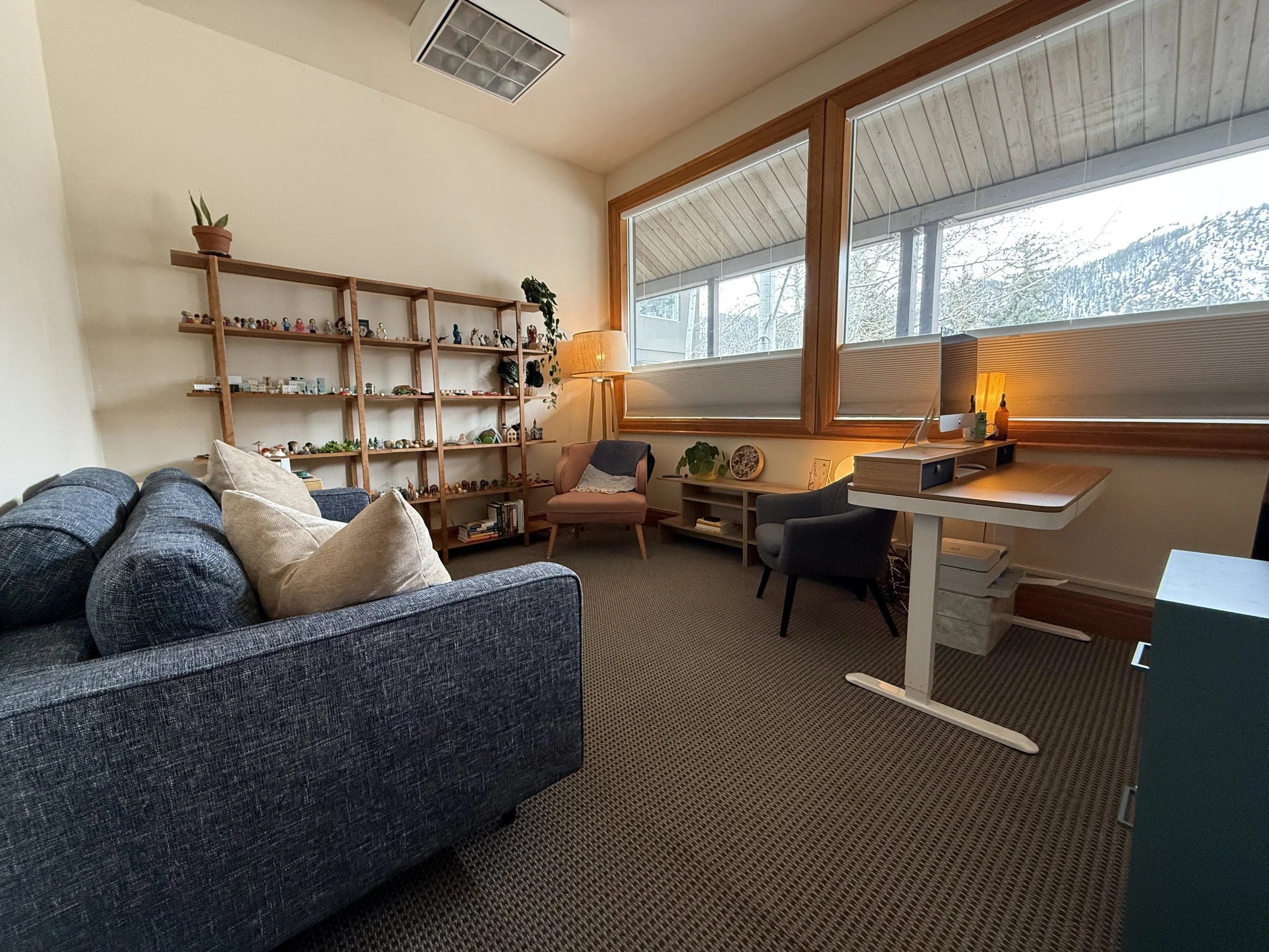 Living room with a blue fabric sofa, beige pillows, a wooden bookcase with toys and books, a floor lamp, a pink armchair, large windows showing an outdoor view, a desk with objects, and a tracked gym exercise machine.