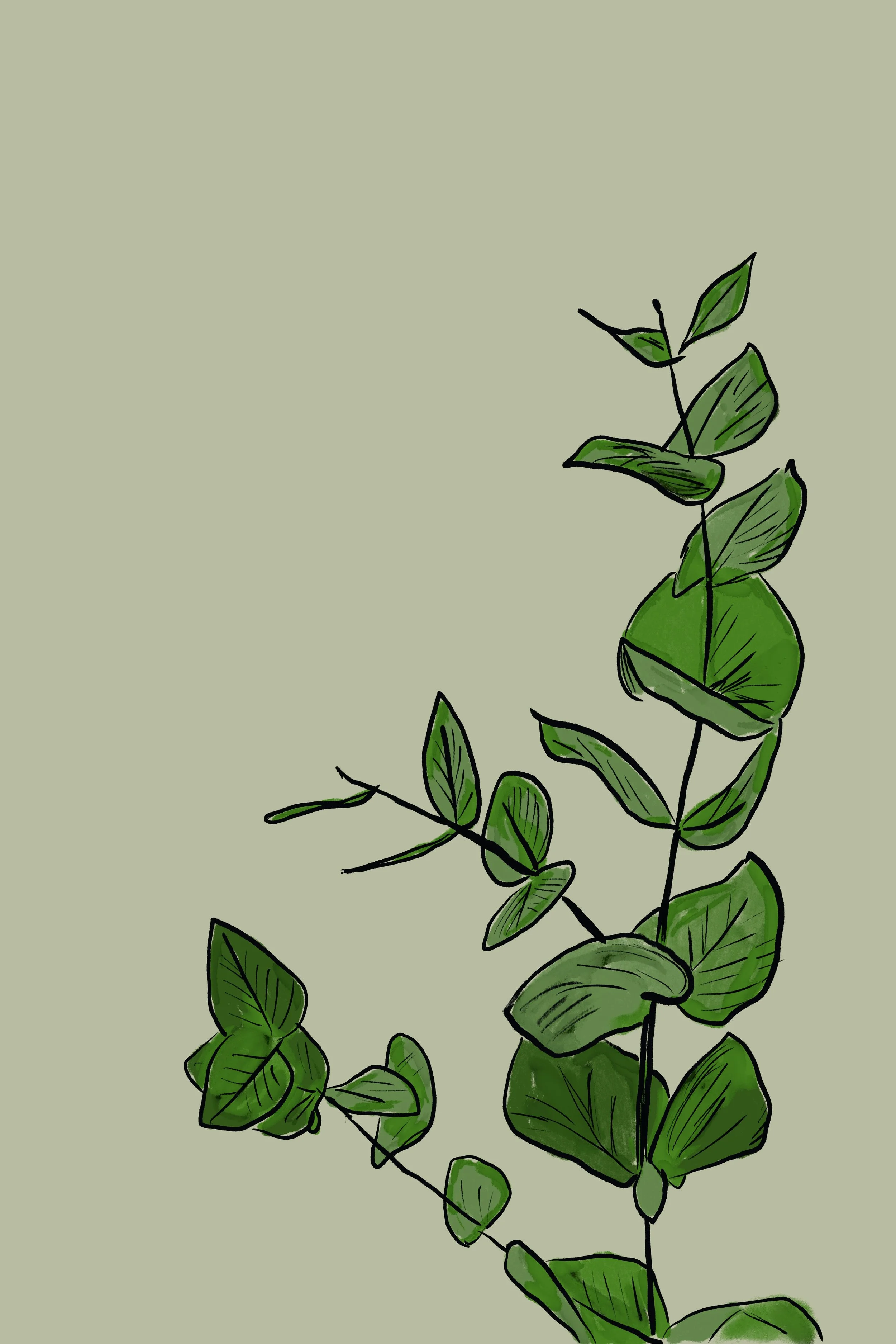 A close-up illustration of a green leafy vine with dark green veins, growing vertically against a muted green background.