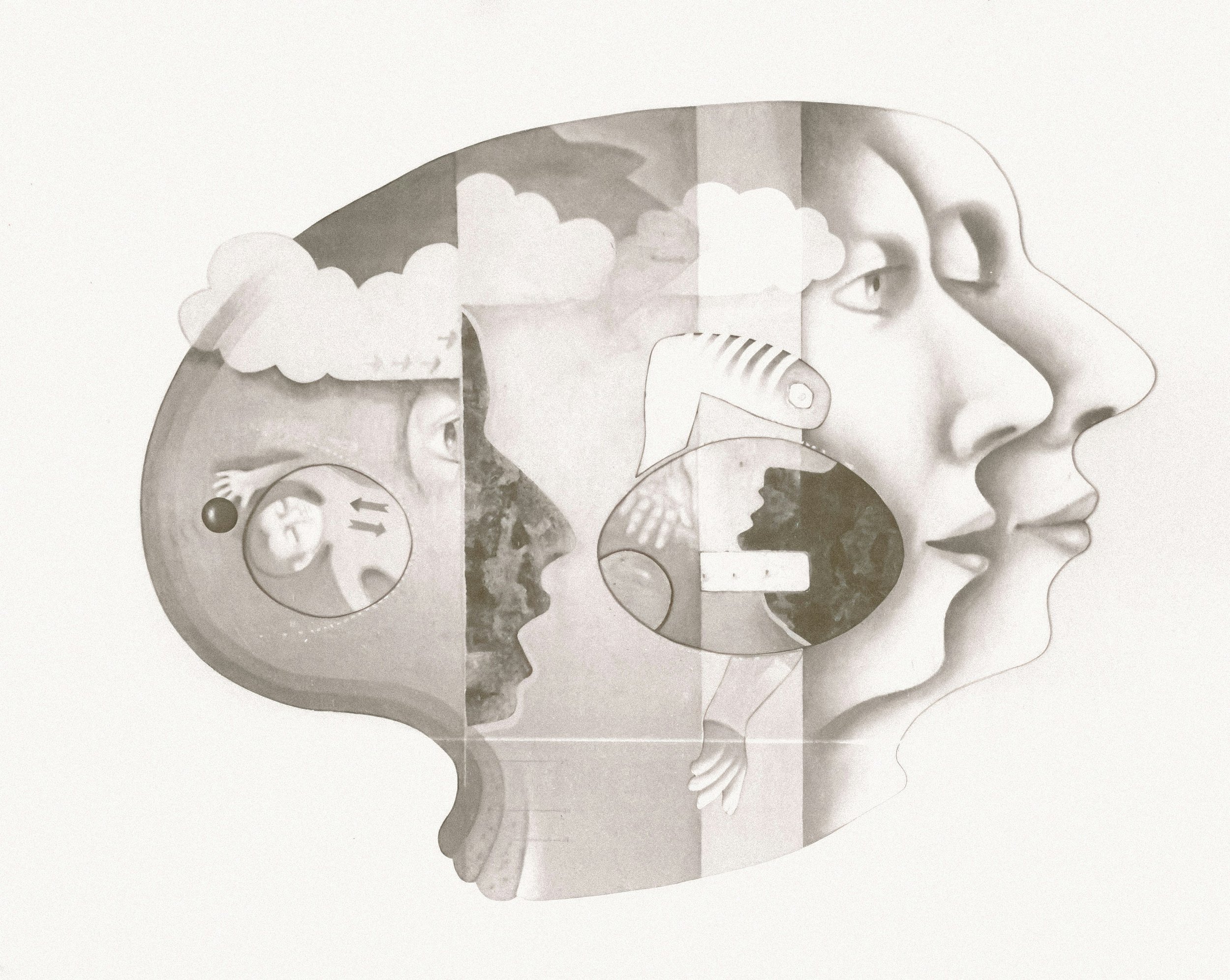 A layered paper collage of a human face and abstract shapes.