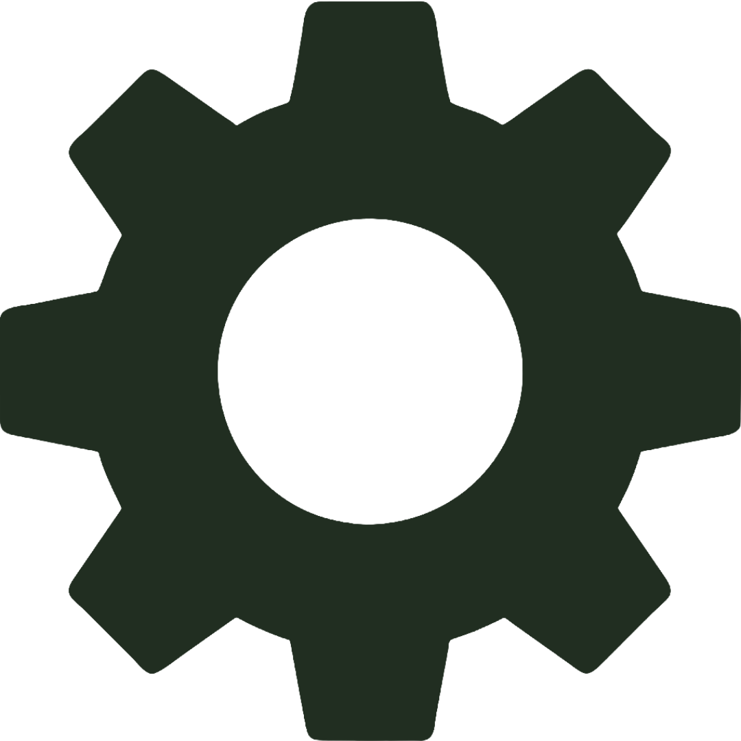 A simple gear icon with a black center and dark green outer teeth.