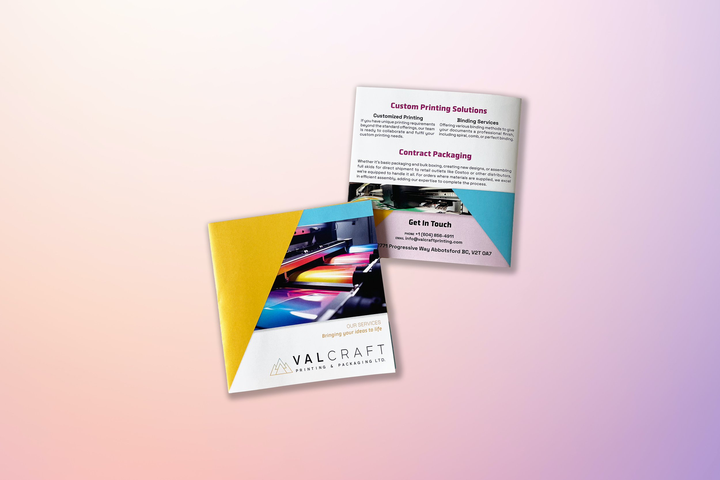 Brochure for Valcraft Printing & Packaging Ltd. showcasing custom printing solutions and contract packaging, emphasizing binding services and contact information.