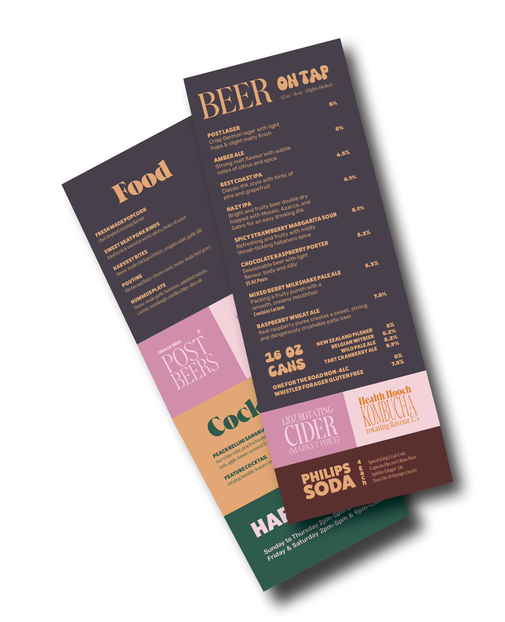 Happy hour and features menus can be tucked into main menus.
