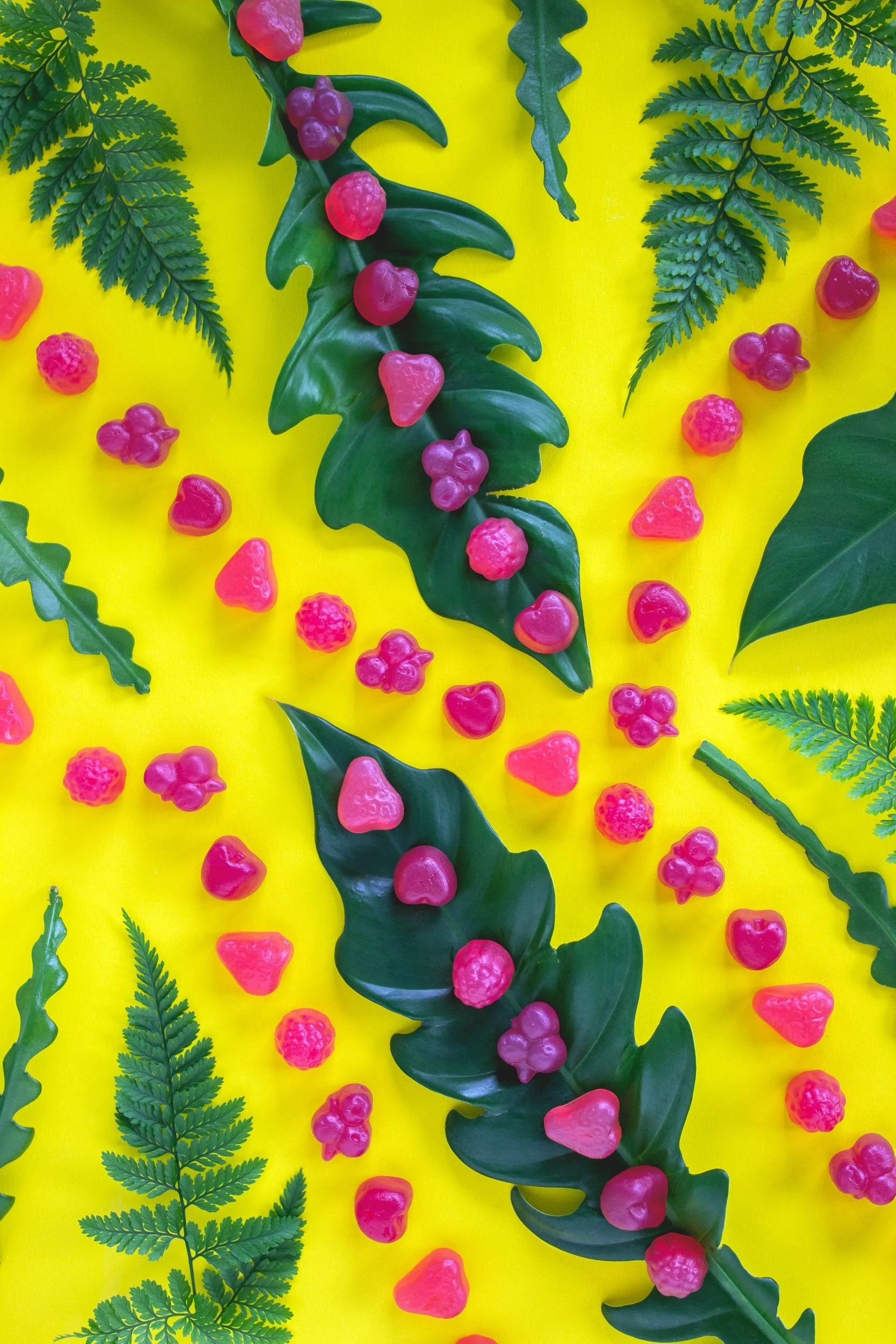 Vibrant pink vegan gummies run across a yellow backdrop