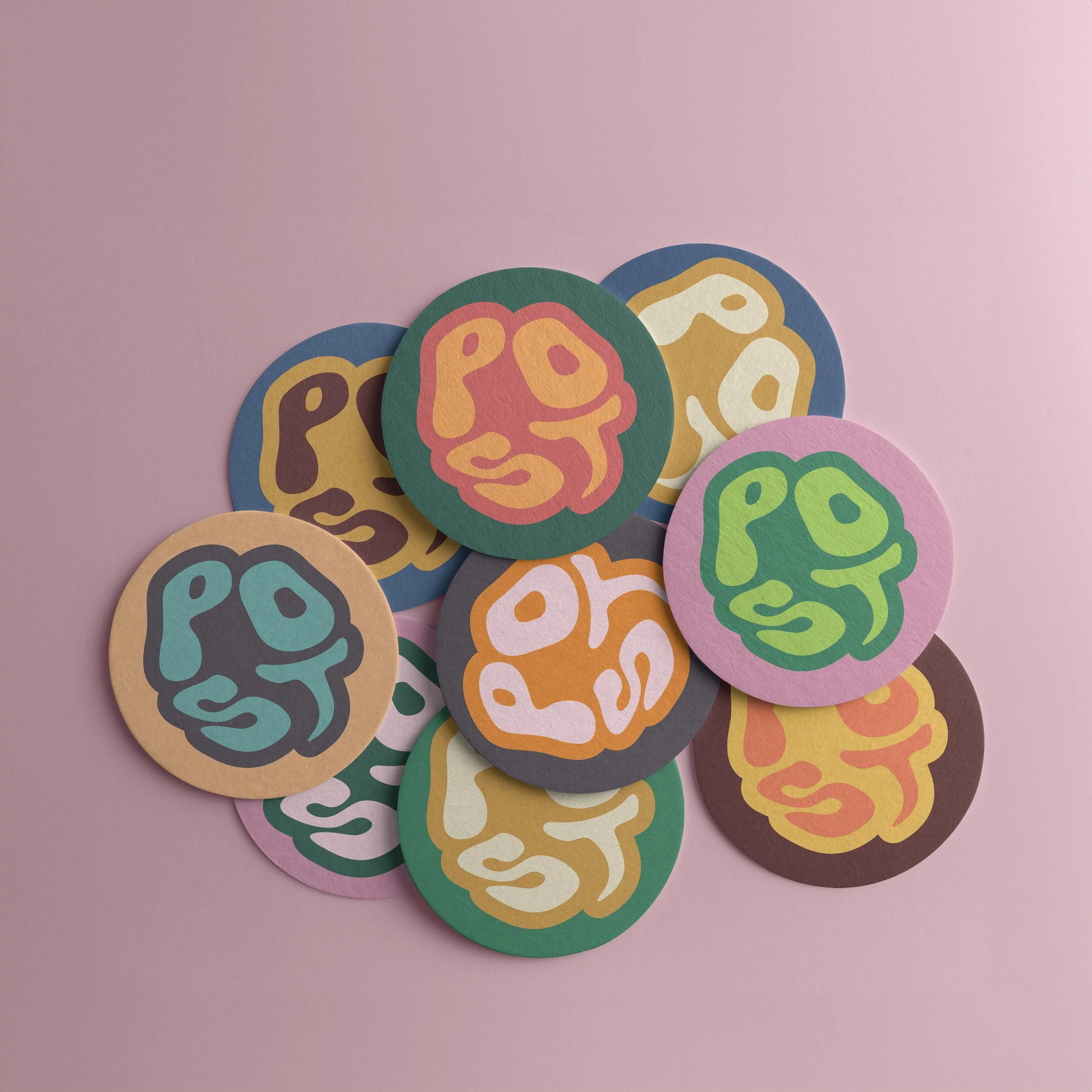 Coasters feature branded icons in a variety of colour combinations, a hallmark of the brand.