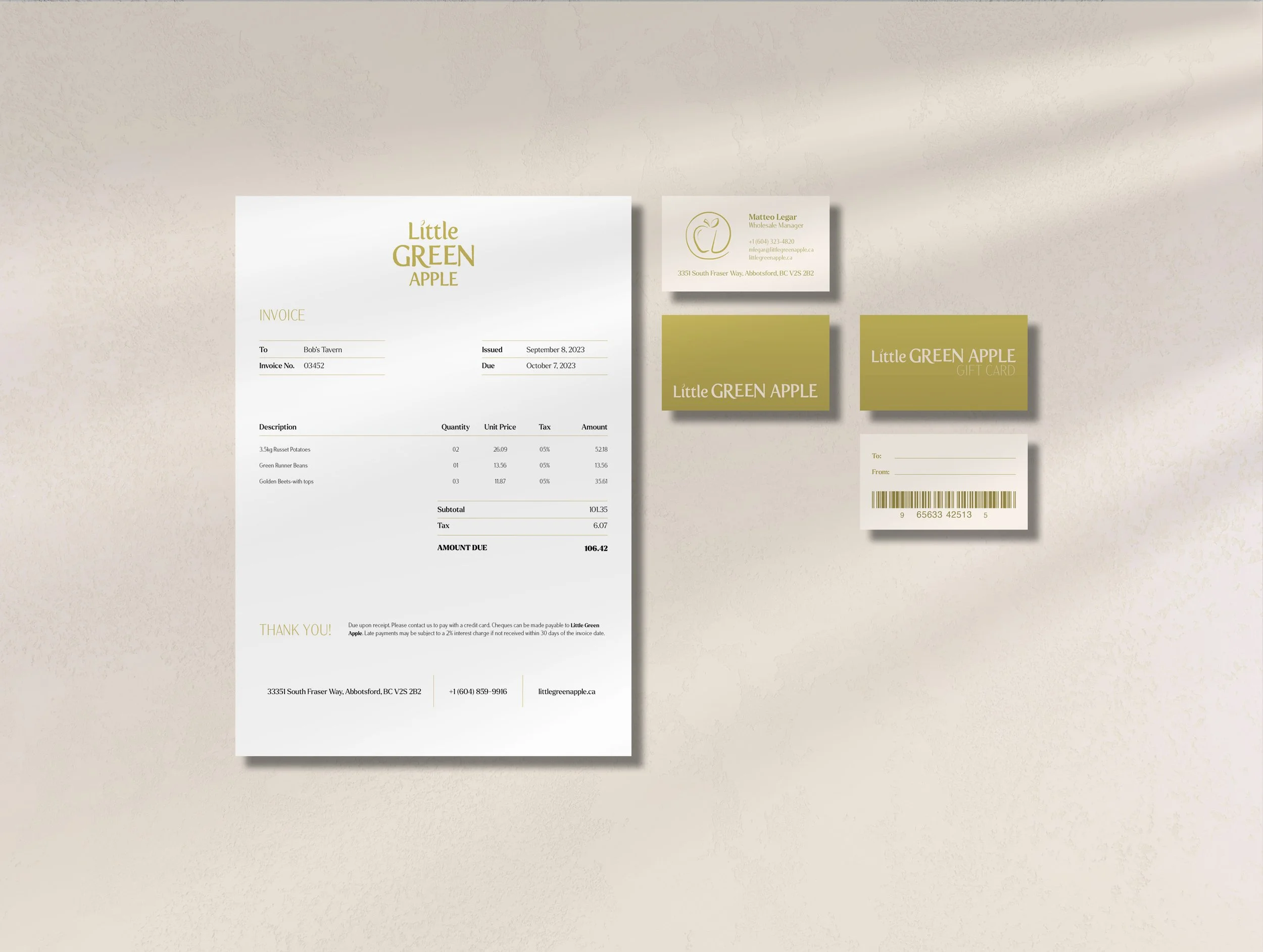 Wholesale invoices, business cards, and gift cards offer a clean and approachable design.