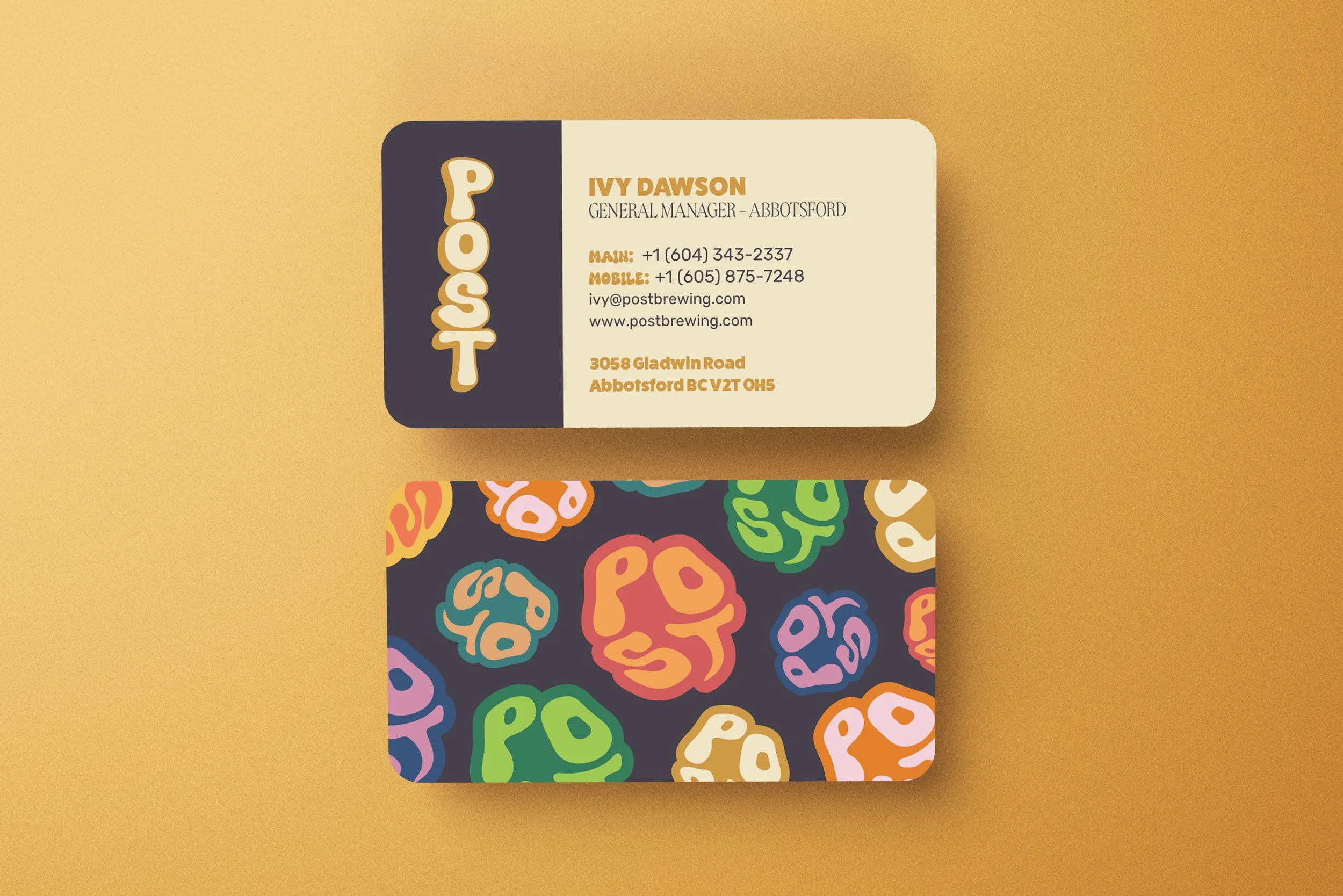 Business card featuring bubbly icons and clear information hierarchy. 
