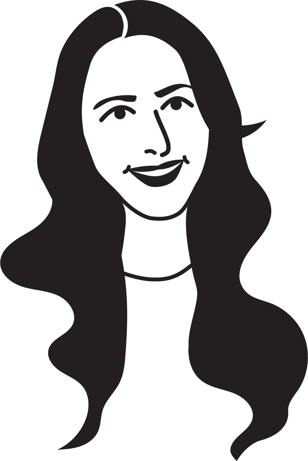 Black and white illustration of a smiling woman with long wavy hair.