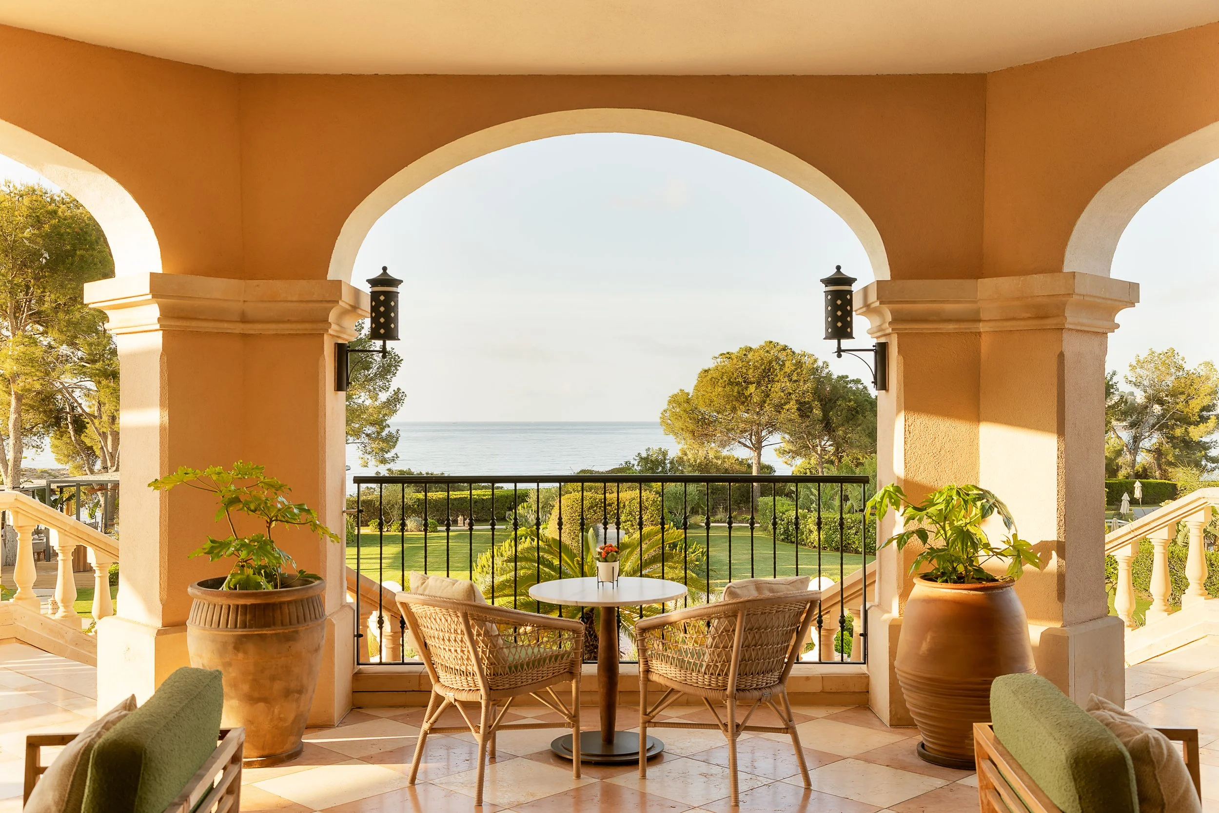 Covered sea-view terrace overlooking the Mediterranean at The St. Regis Mardavall Mallorca Resort.