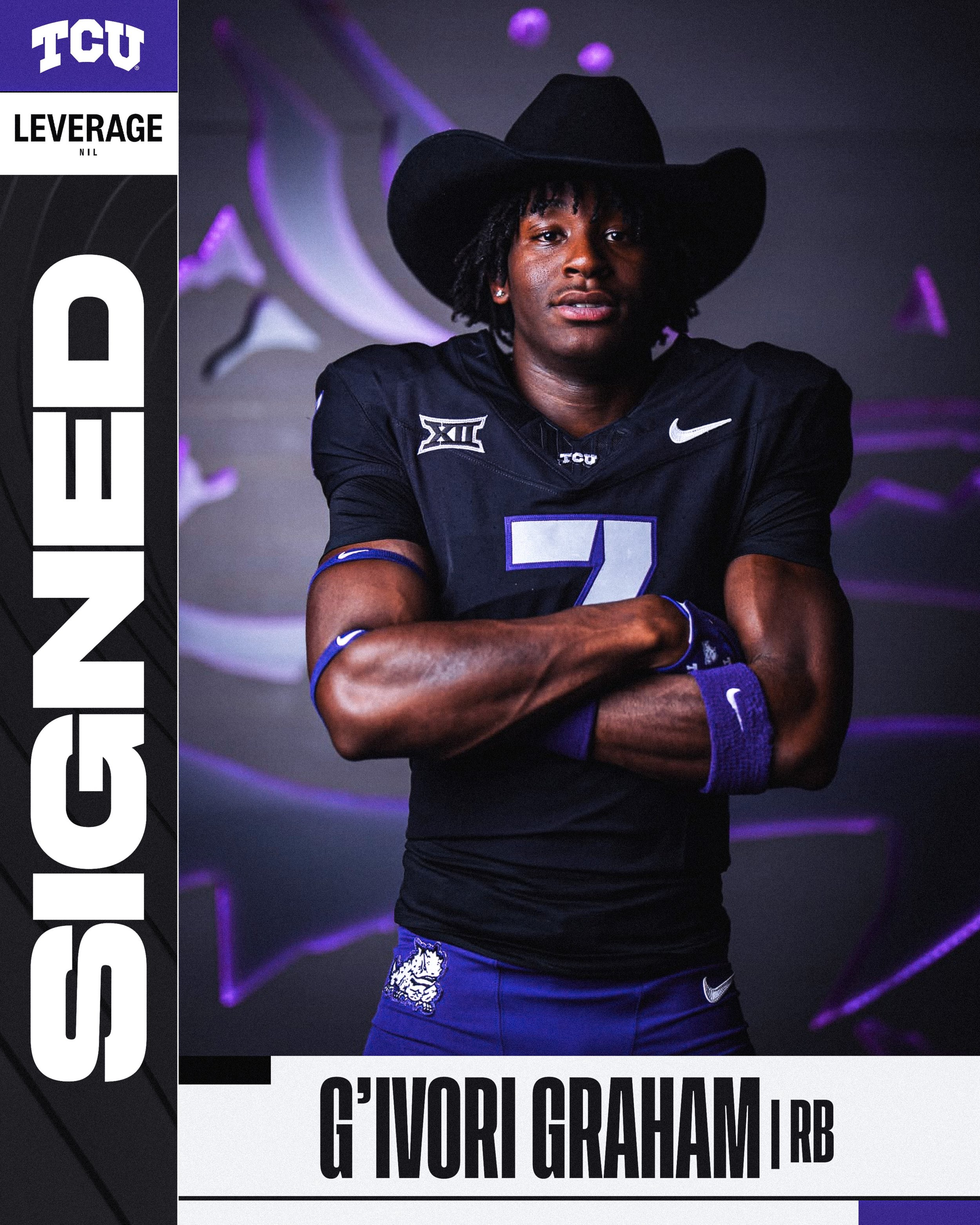 Football player wearing black uniform and black cowboy hat, with arms crossed, standing in front of a purple and black backdrop, featuring the text 'G'MORRI GRAHAM RB' and the logo of Texas Christian University (TCU).