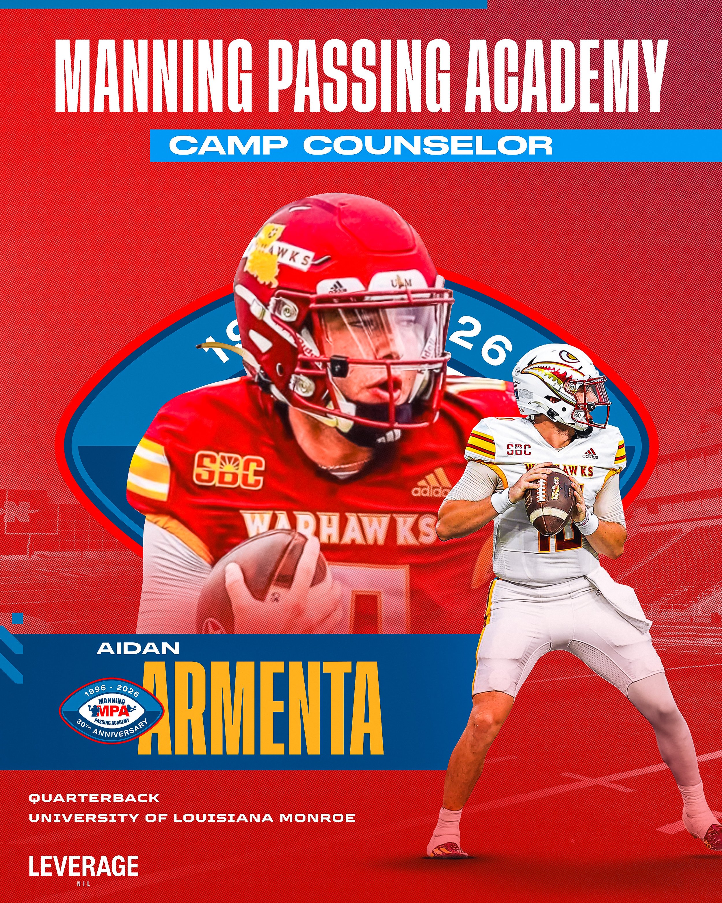 Poster celebrating Manning Passing Academy's 30th anniversary featuring football players in uniform, with event details and sponsors.