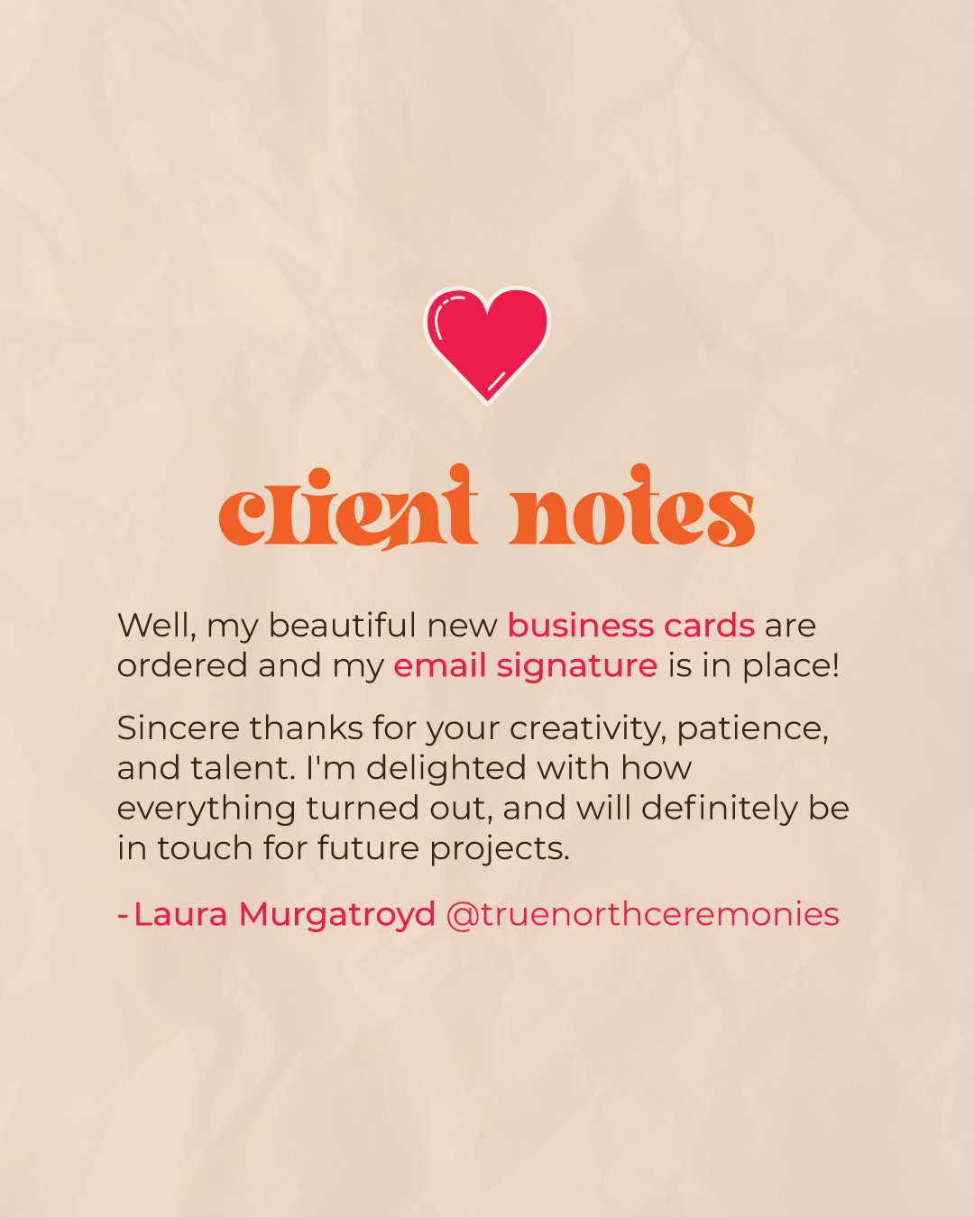Client notes 💖
.
Huge thank you to Laura for the lovely testimonial, I deeply appreciate it! If you want to check out her business cards, check out my post from a couple of weeks ago! 👀
.
I love working with all clients, but clients that are near m