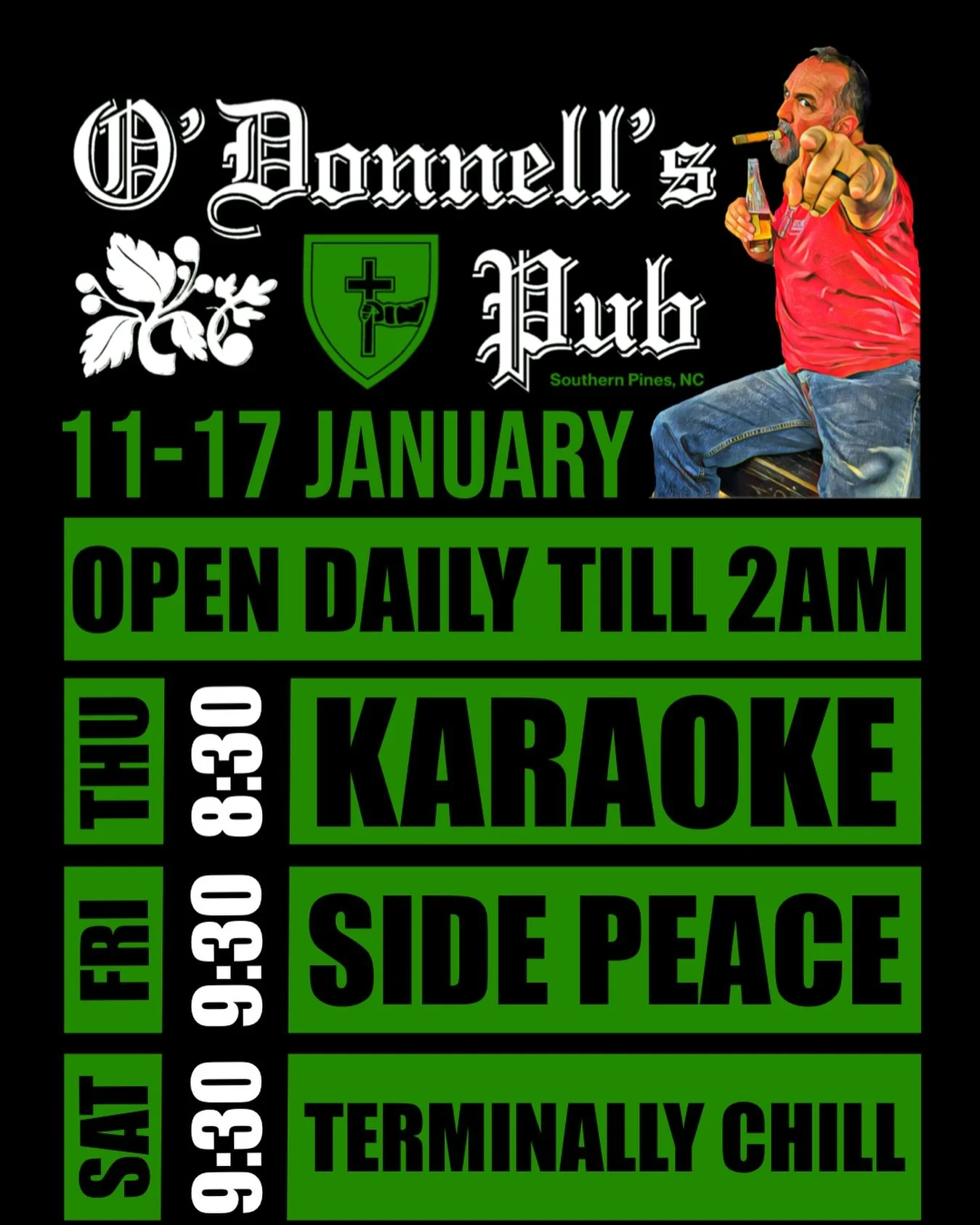 ☘️ 𝗘𝗩𝗘𝗡𝗧𝗦: 11-17 𝗝𝗔𝗡𝗨𝗔𝗥𝗬
➖➖➖
𝙏𝙃𝙐𝙍𝙎🎙 𝙆𝘼𝙍𝘼𝙊𝙆𝙀
⏰ 8:30PM
𝗛𝗢𝗦𝗧: @bostonc_music
➖➖➖
𝙇𝙄𝙑𝙀 ‼️ 𝗙𝗥𝗜 𝗡𝗜𝗚𝗛𝗧 
⏰ 9:30PM 
𝗠𝗨𝗦𝗜𝗖: @side_peace_band 
➖➖➖
𝙇𝙄𝙑𝙀 ‼️ 𝗦𝗔𝗧 𝗡𝗜𝗚𝗛𝗧 
⏰ 9:30PM 
𝗠𝗨𝗦𝗜𝗖: @areyoutermina