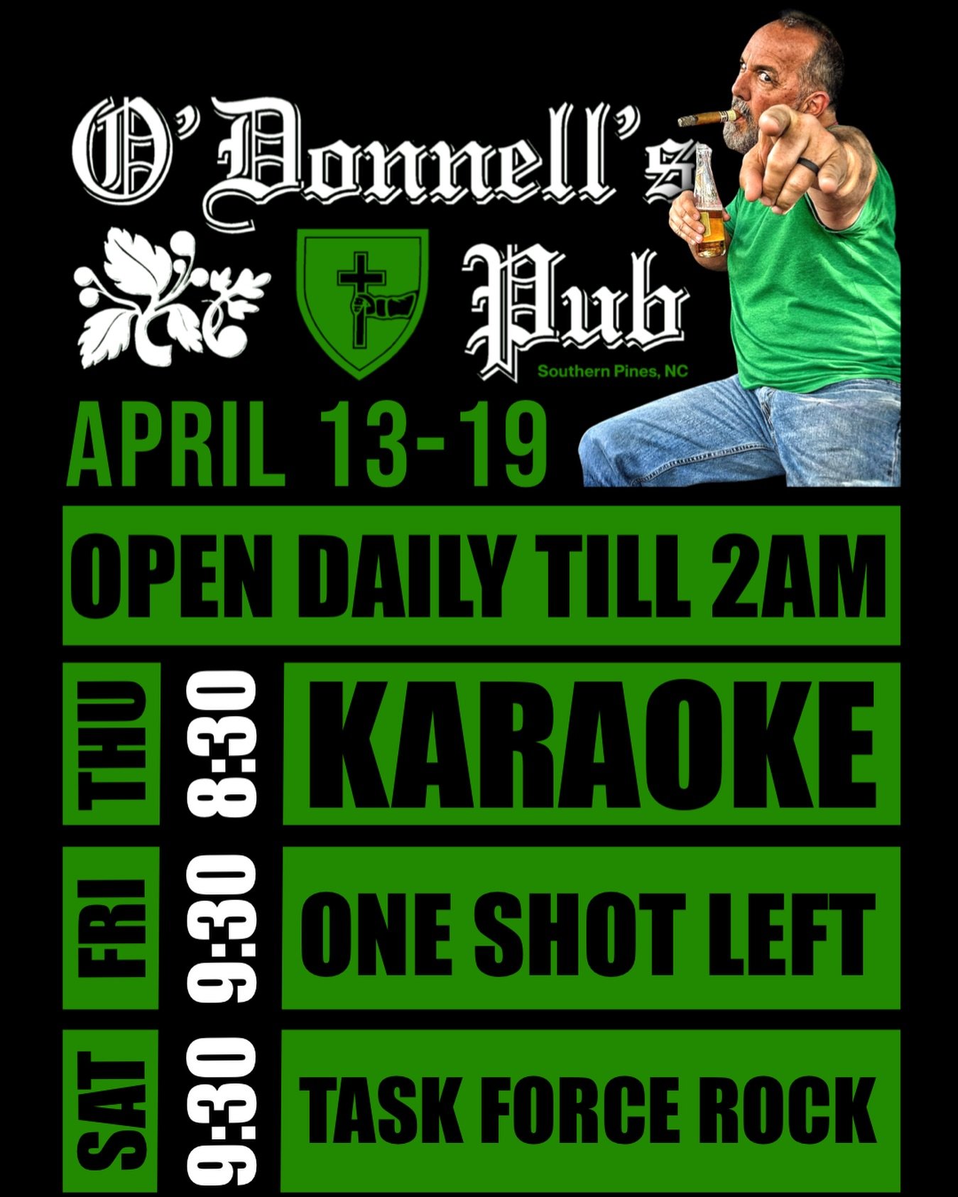 ☘️ 𝗘𝗩𝗘𝗡𝗧𝗦: 13-19 APRIL
➖➖➖
𝙏𝙃𝙐𝙍𝙎🎙 𝙆𝘼𝙍𝘼𝙊𝙆𝙀
⏰ 8:30PM
𝗛𝗢𝗦𝗧: @bostonc_music
➖➖➖
𝙇𝙄𝙑𝙀 ‼️ 𝗙𝗥𝗜 𝗡𝗜𝗚𝗛𝗧 
⏰ 9:30PM 
𝗠𝗨𝗦𝗜𝗖: @oneshotleft_live 
➖➖➖
𝙇𝙄𝙑𝙀 ‼️ 𝗦𝗔𝗧 𝗡𝗜𝗚𝗛𝗧 
⏰ 9:30PM 
𝗠𝗨𝗦𝗜𝗖: @taskforcerockmusic 
➖