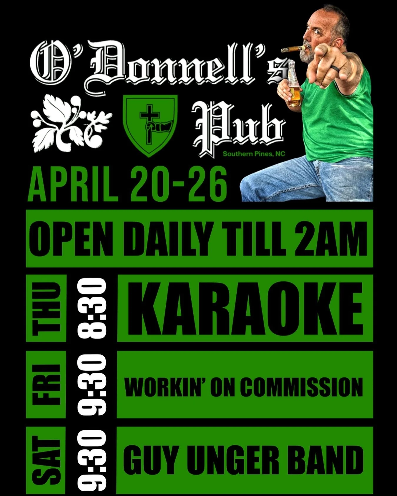 ☘️ 𝗘𝗩𝗘𝗡𝗧𝗦: 20-26 APRIL
➖➖➖
𝙏𝙃𝙐𝙍𝙎🎙 𝙆𝘼𝙍𝘼𝙊𝙆𝙀
⏰ 8:30PM
𝗛𝗢𝗦𝗧: @bostonc_music
➖➖➖
𝙇𝙄𝙑𝙀 ‼️ 𝗙𝗥𝗜 𝗡𝗜𝗚𝗛𝗧 
⏰ 9:30PM 
𝗠𝗨𝗦𝗜𝗖: Workin&rsquo; On Comission
➖➖➖
𝙇𝙄𝙑𝙀 ‼️ 𝗦𝗔𝗧 𝗡𝗜𝗚𝗛𝗧 
⏰ 9:30PM 
𝗠𝗨𝗦𝗜𝗖: @theguyungerba