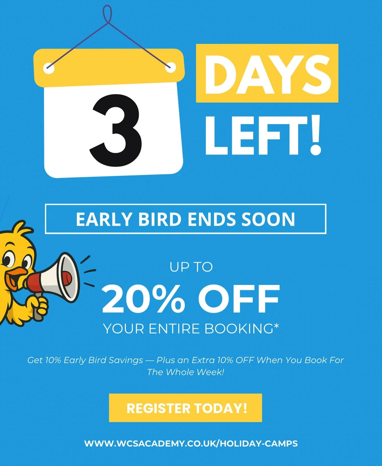 βΊοΈπ Only 3 Days Left! πβΊοΈ
Don’t miss out on our Early Bird offer for the Autumn Holiday Camp! Book now to secure your child’s spot and save. πβ¨
#AutumnCamp #EarlyBirdOffer #HolidayFun #HalfTermFun #WaterCreationsSwimAcademy