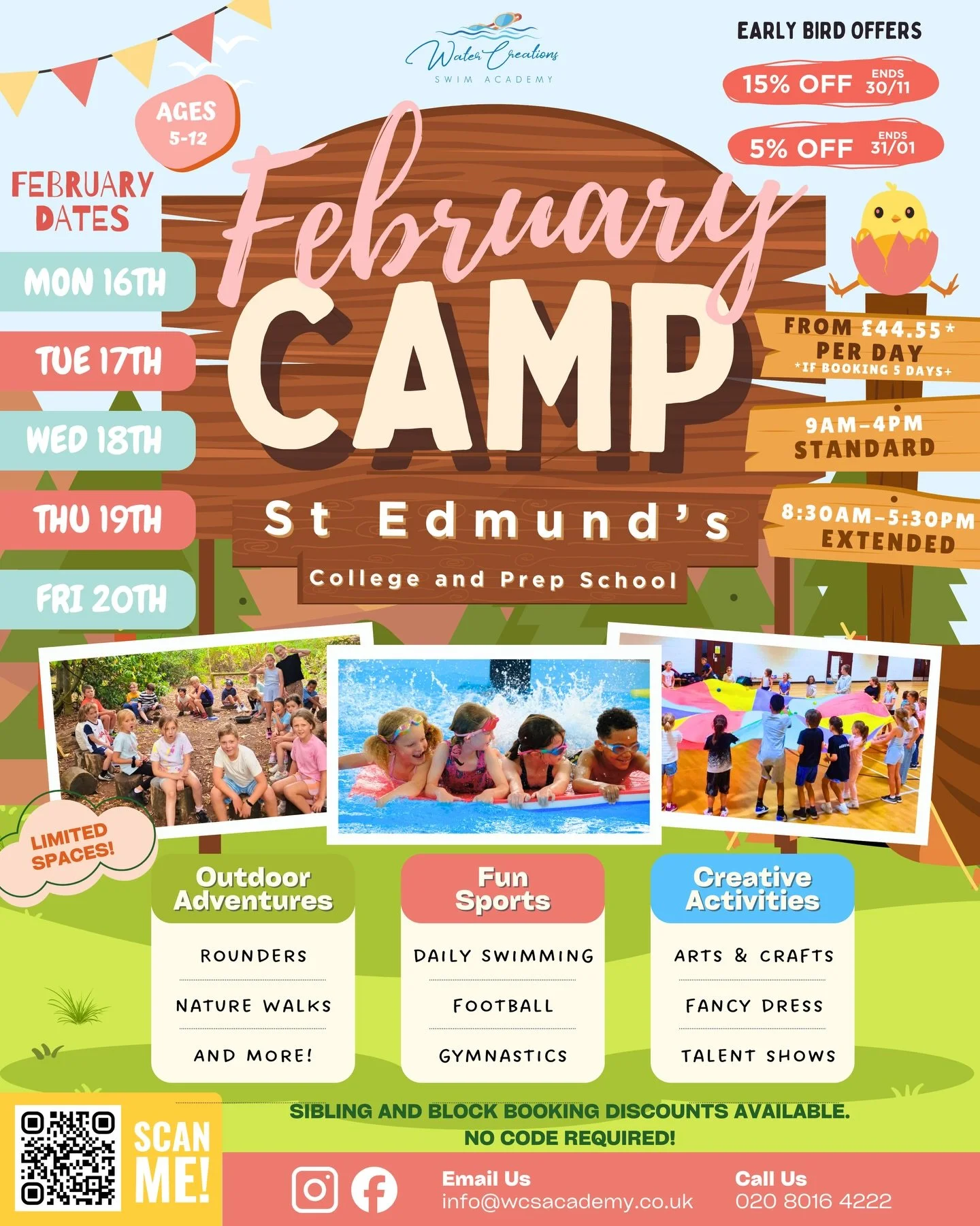February Half Term Holiday Camp 2026 is LIVE 🎉🏕️

Our action packed camp is back with daily swimming 🏊&zwj;♂️, outdoor adventures 🌿, sports ⚽ and creative activities 🎨 your child will love.

✔ Standard and extended day options ✔ Early bird disco