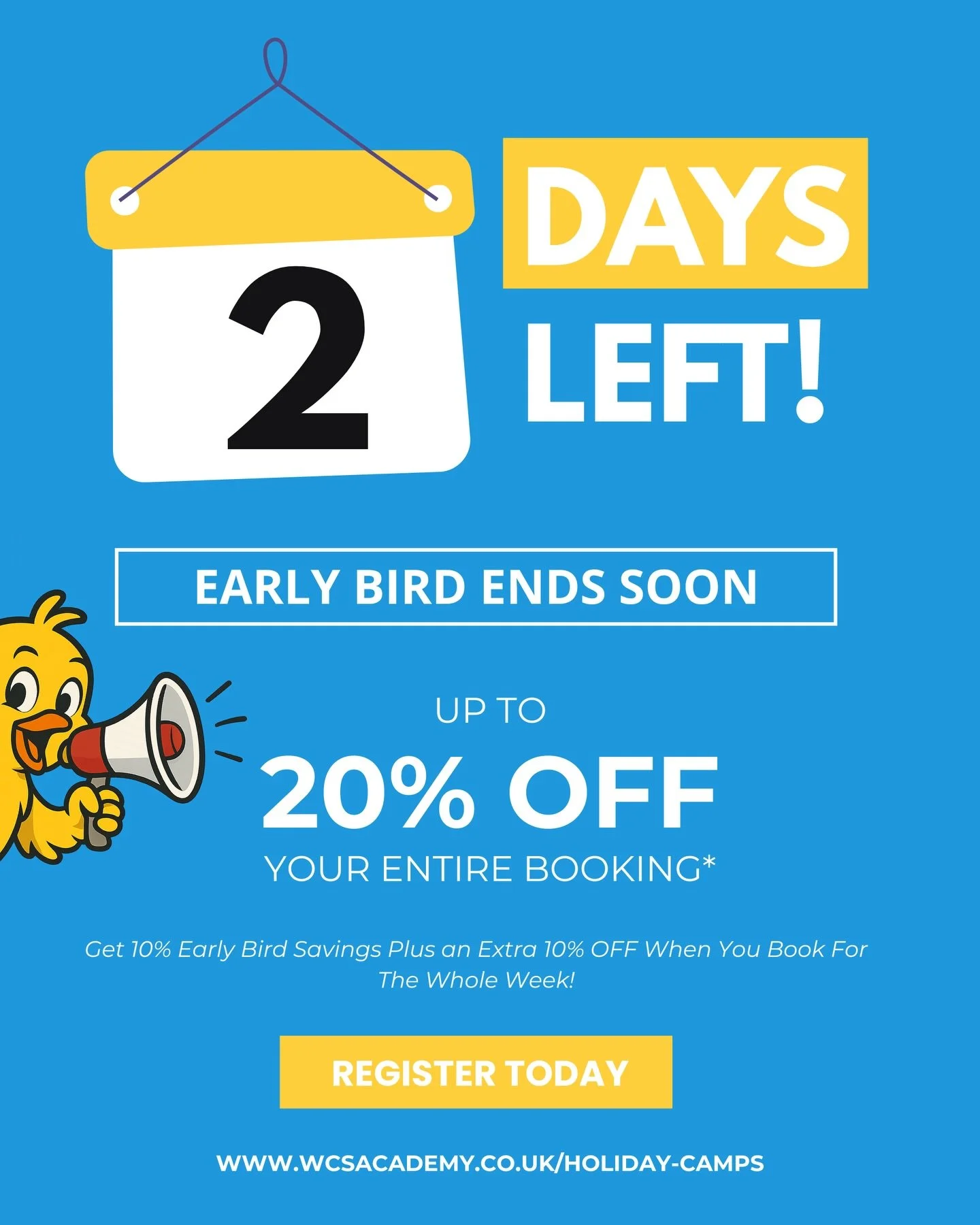 Last chance for Early Bird savings ⏰ 
Just 2 days to go before our Holiday Camp offer ends. 
Book now to secure your child&rsquo;s place and save 🐥 

Spaces are filling fast. Don&rsquo;t miss out! 

#HolidayCamp #EarlyBirdOffer #KidsActivities #Scho