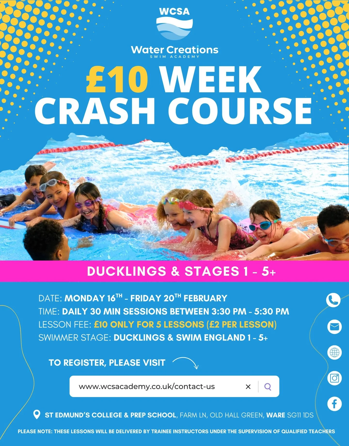 🚨 &pound;10 Week Long Swim Crash Course &ndash; Limited Spaces! 🚨

Looking for a fun way to boost your child&rsquo;s swimming this February half-term? Our&nbsp;February Swim&nbsp;Crash&nbsp;Course&nbsp;is the perfect chance to squeeze in some extra