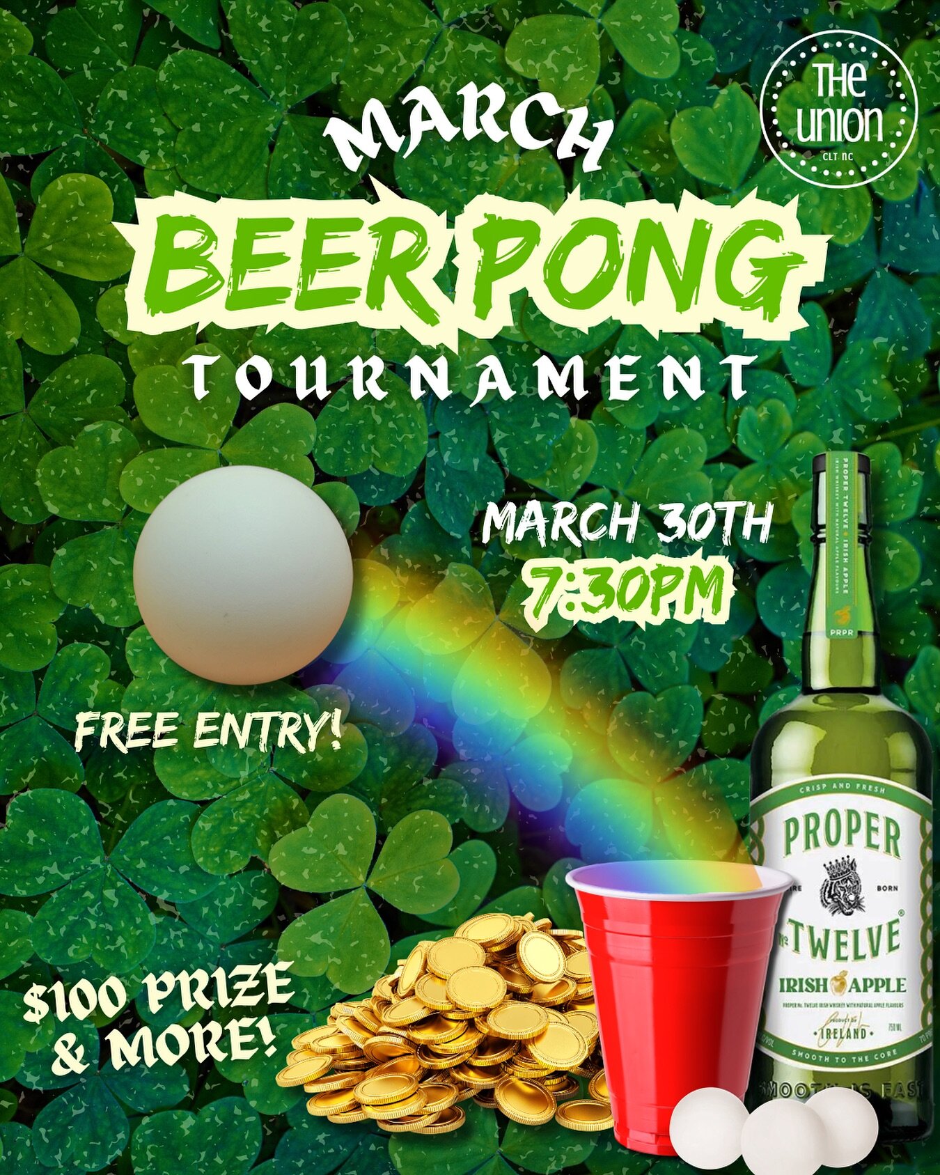Let the luck of the Irish guide your aim at our March Beer Pong Tournament! 🌈🍻 Join us for a shamrockin&rsquo; good time and a chance to win $100 and swag (trust us, you won&rsquo;t want to miss out on this one 😏) from our sponsors at @properwhisk