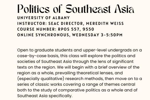 SEAC Fall 2025 Course: Politics of Southeast Asia