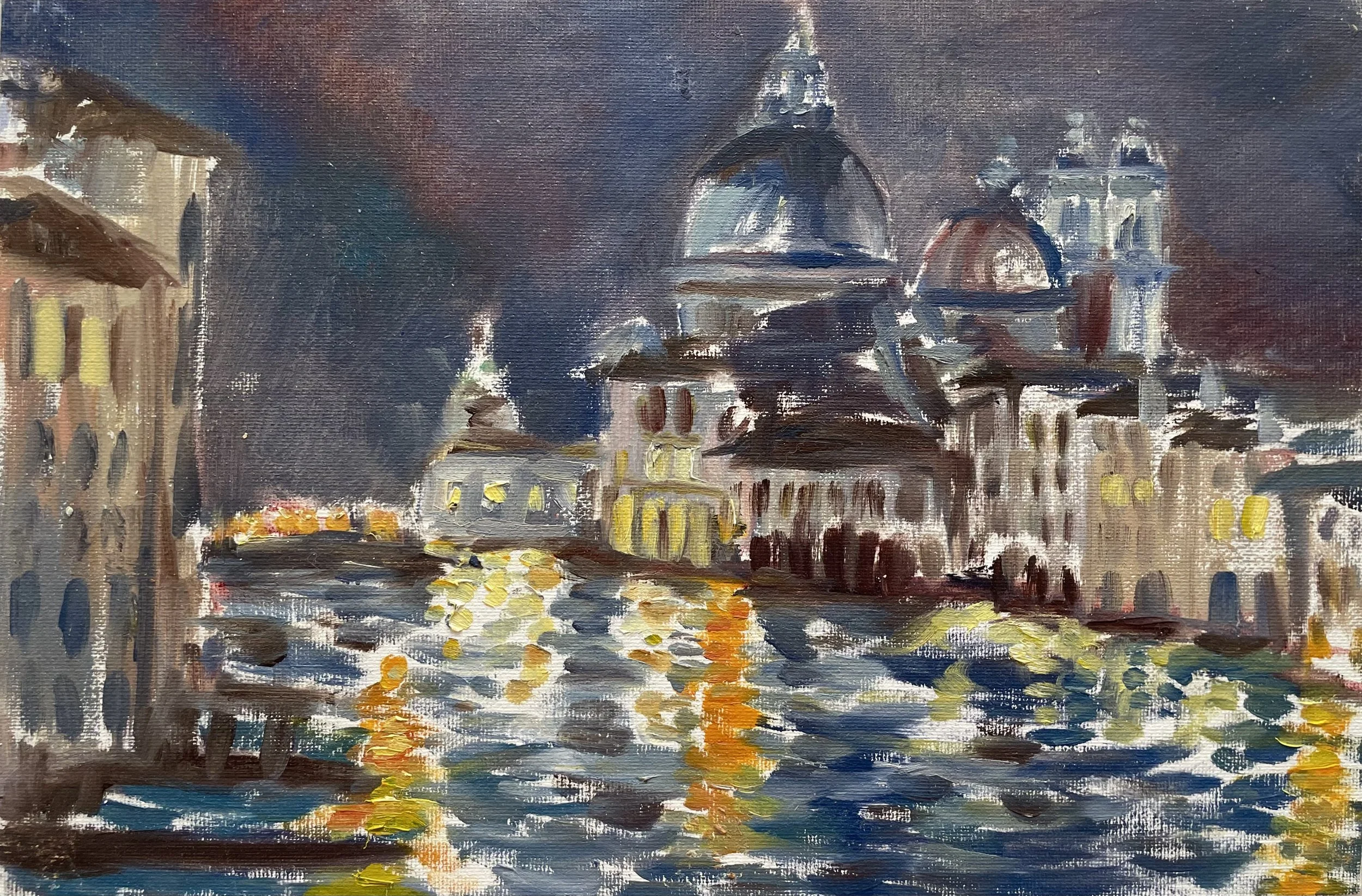 A Plein-Air Oil Painting of the Grand Canal from Ponte dell'Accademia at Night