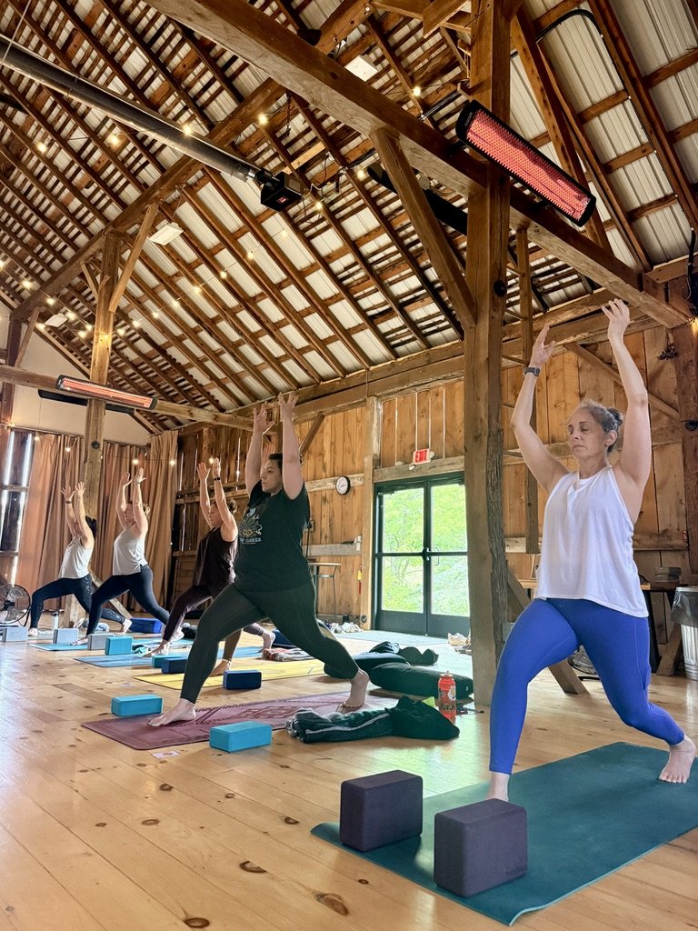 Group of women practicing yoga in a rustic wooden studio with high ceiling, exposed beams, and large windows, on yoga mats with blocks and water bottles.