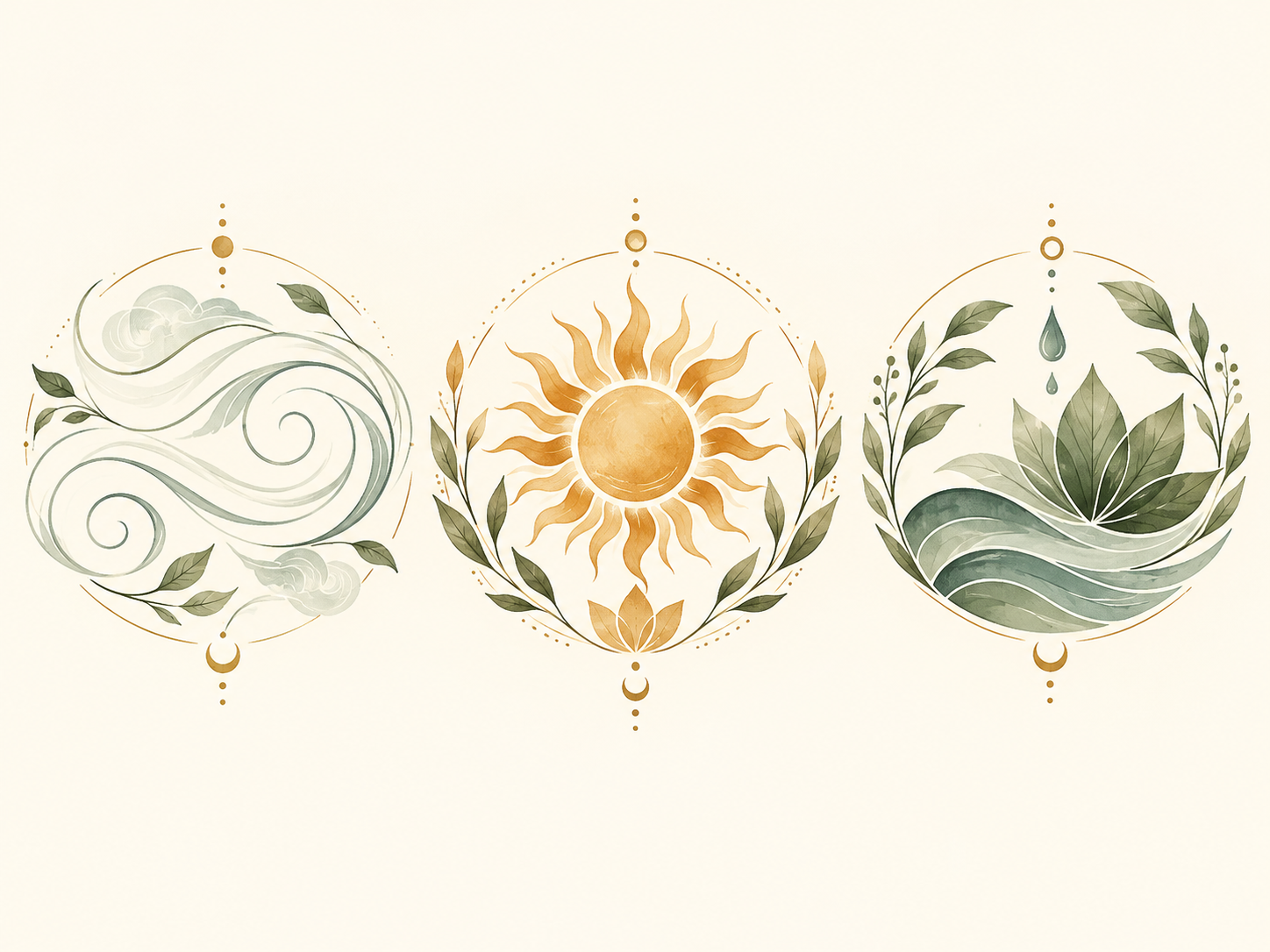 A artistic illustration of the three classical elements: wind (left), sun (center), and water (right) with decorative leaves and symbols.