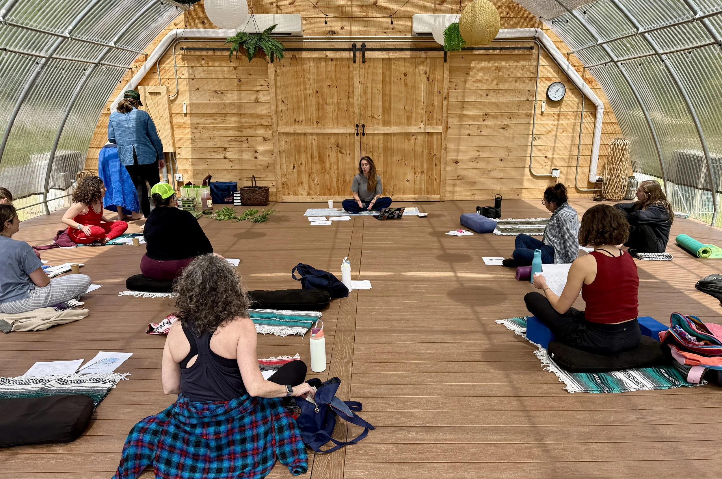 People sitting on yoga mats in a sunlight-filled greenhouse during a yoga or meditation class, with a woman leading the session at the front.