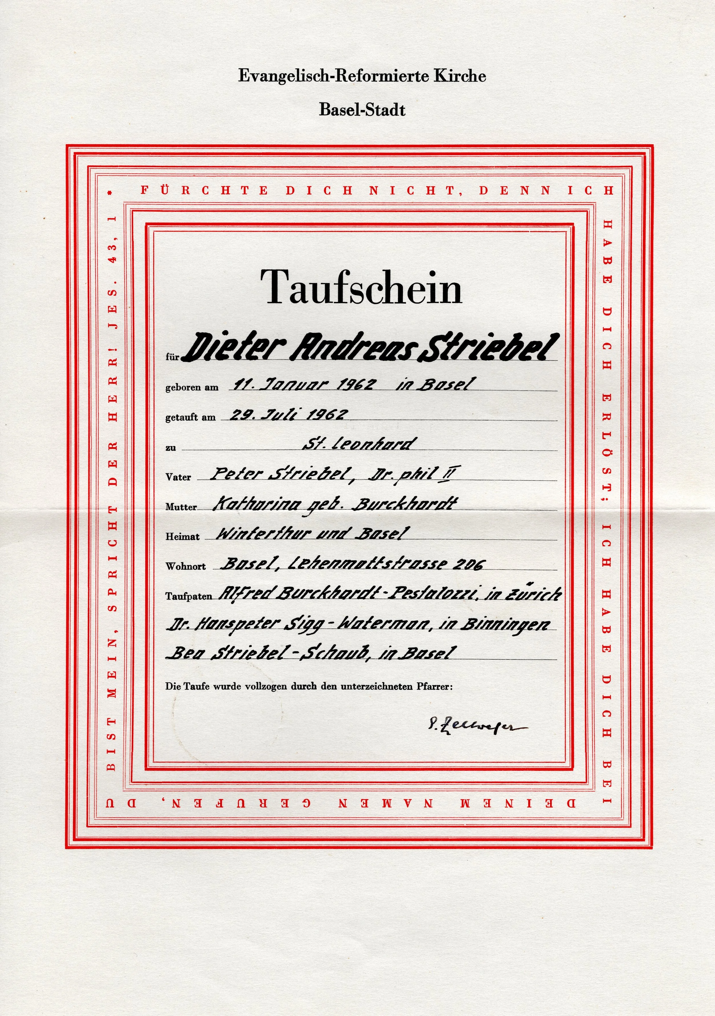 29. Juli 1962 Taufe