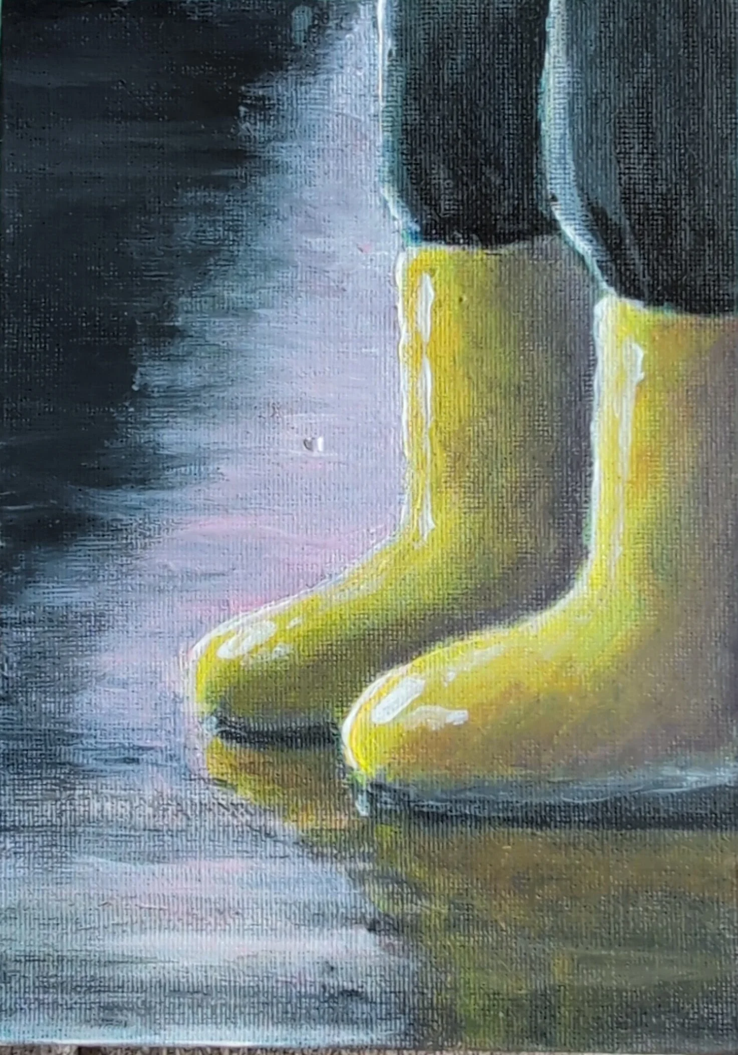 "Rainboots" - Acrylic on Canvas Board - A small, rainy piece with many more colors than you might see at first glance. ($50, prints available)