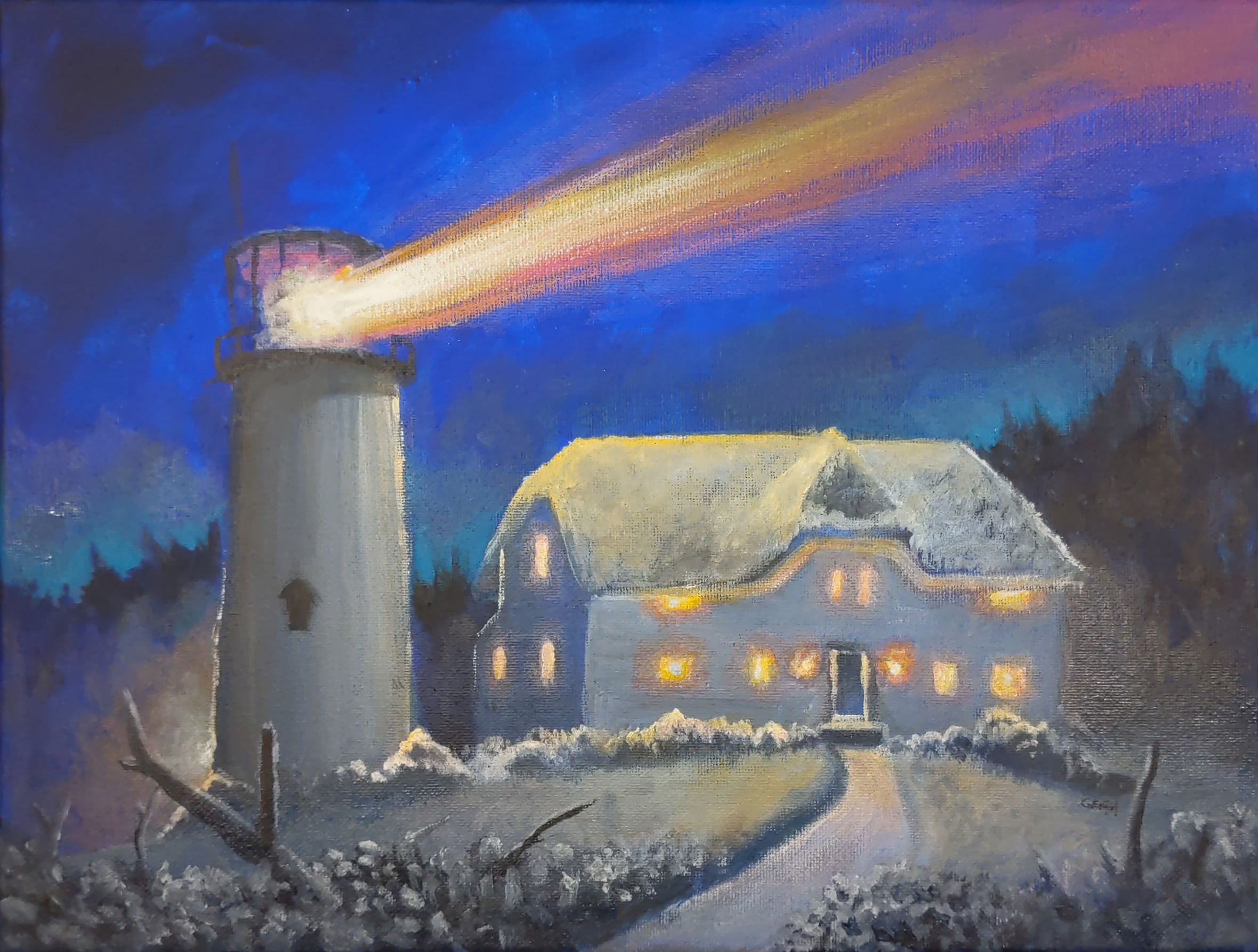 "Chatham Light" - Acrylic on Canvas - Painted for Nana, 98 years old. She tells me she can still see the light even with her eyesight fading with age. My high-contrast style must be helpful! I always think of her when I look at this piece. (NFS, prin