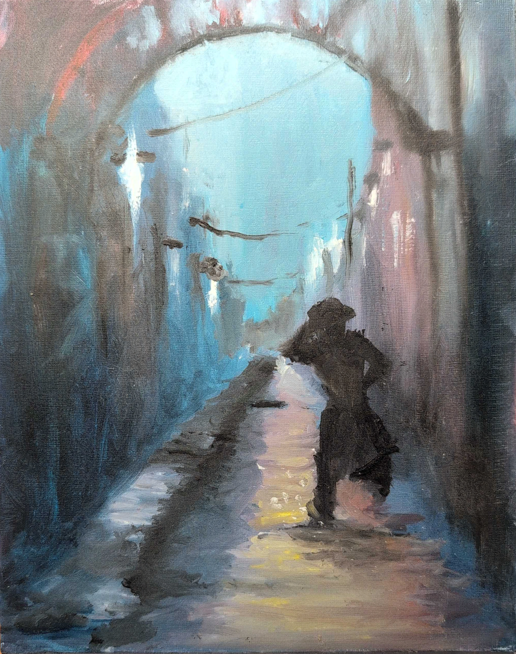 "Rainy Street" - Oil on Canvas Board 8x10 - My paintings get exceptionally loose when I'm depressed, and this one is no exception. But it's not a sad work, or a work born of sadness, but a work born of comfort. ($150 + shipping, prints availalbe)