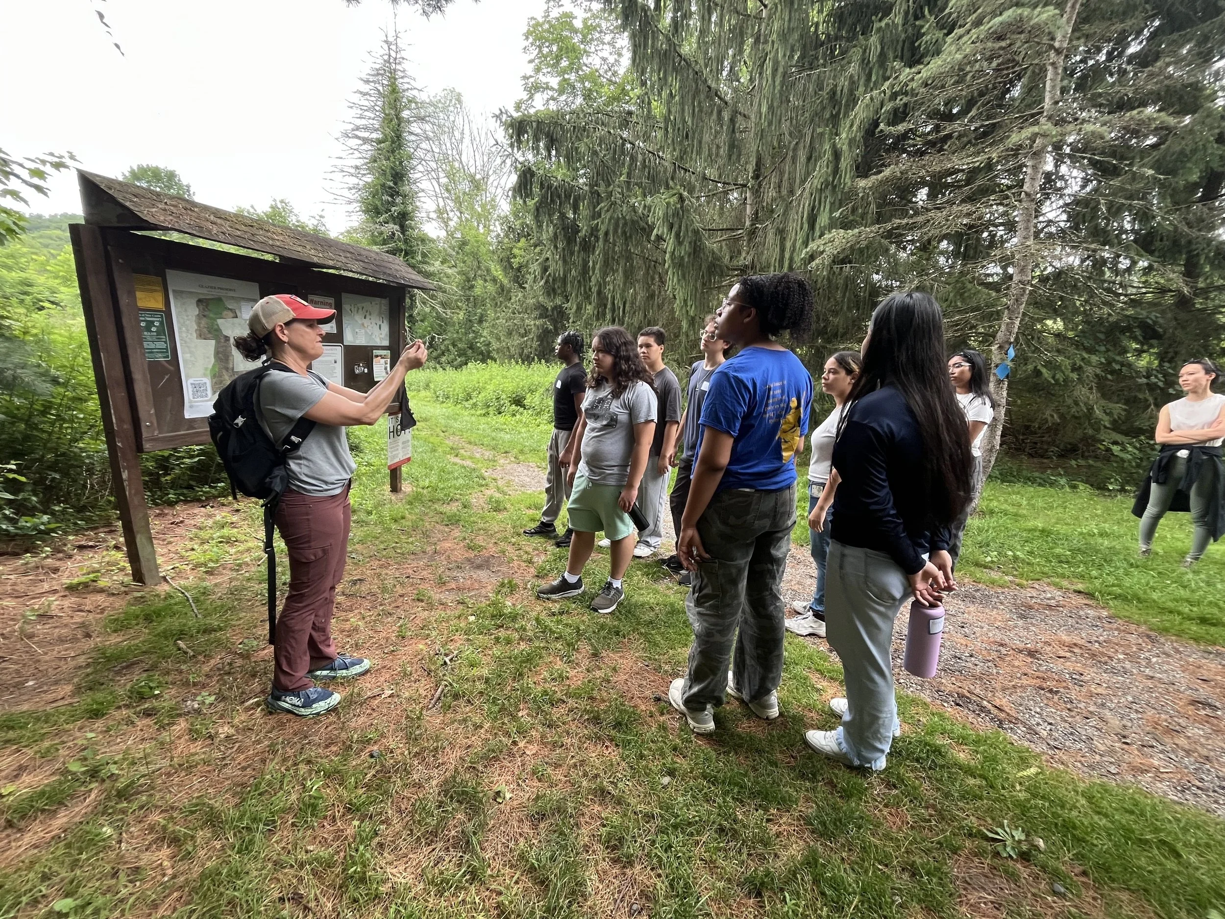 Cathy Hildenbrand guides the scholars on a meditation hike through one of New Castle's natural treasures - Glazier Preserve. 
