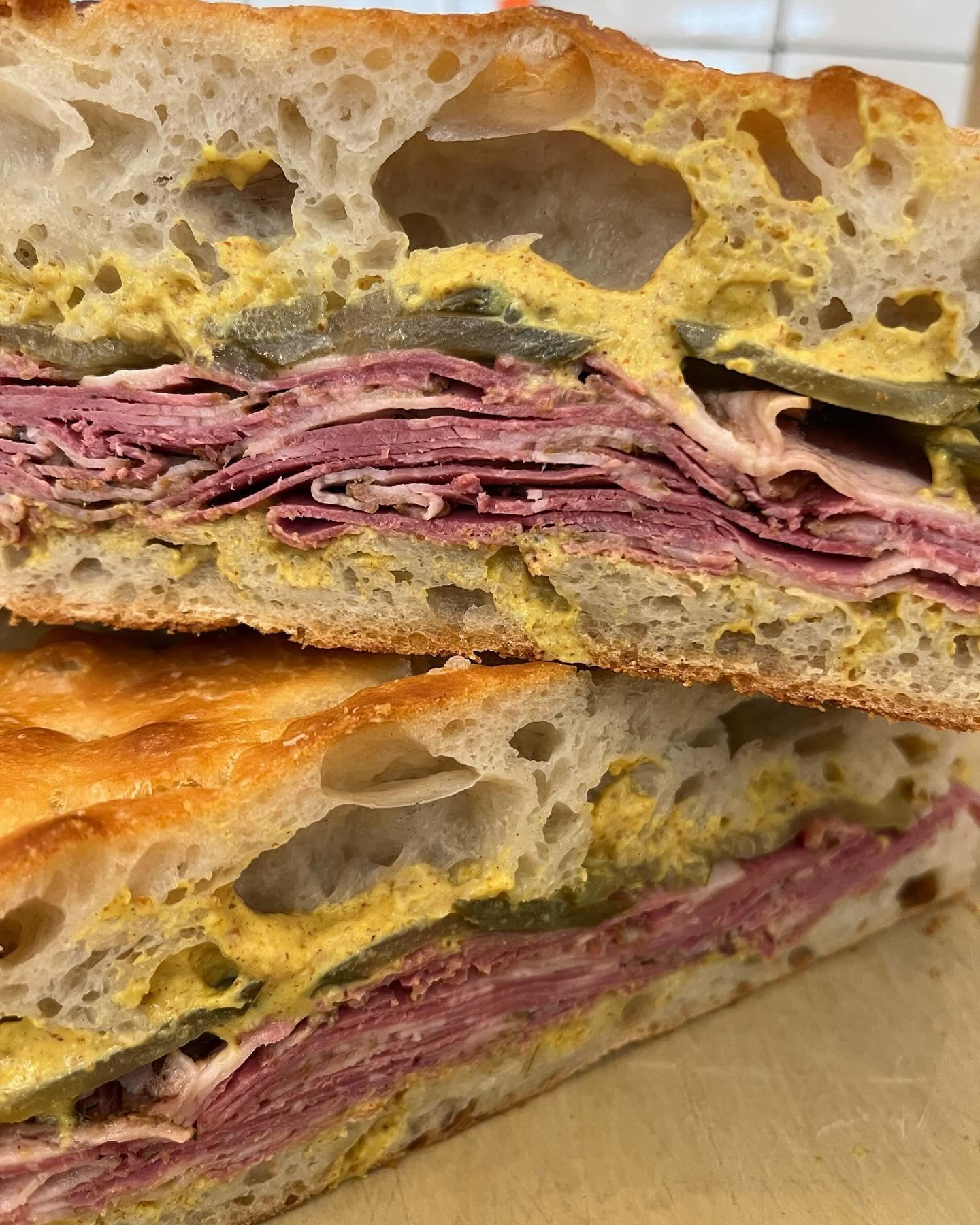 wOw!! Pastrami, sour dills and spicy brown mustard on focaccia. GET IT TODAY and all week!