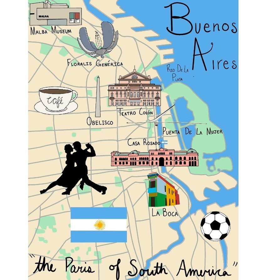 I made a map of Buenos Aires for my illustration class final. I also included the landmarks as larger drawings. Pleased with how it came out.