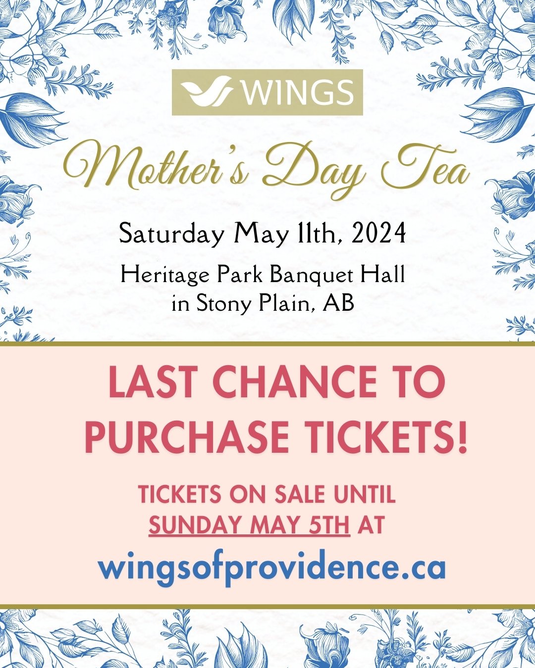 NEARLY SOLD OUT!  TICKETS ON SALE ONLY UNTIL SUNDAY MAY 5TH! Purchase your tickets online at www.wingsofprovidence.ca and don't miss out! 

Join us for afternoon tea and light refreshments in the beautiful banquet hall at Heritage Park in Stony Plain