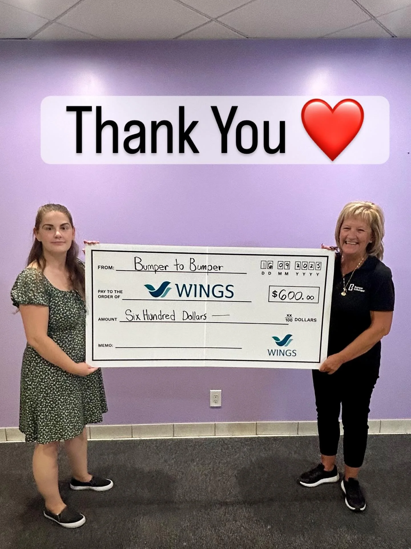 Recently, Shannon from Bumper to Bumper stopped by WINGS with her daughter, Christina, to present a donation of $600. The team at Bumper to Bumper (@bumpertobumperca ) raised these funds for WINGS through a fun Dunk Tank fundraiser! 💦💜

We&rsquo;re