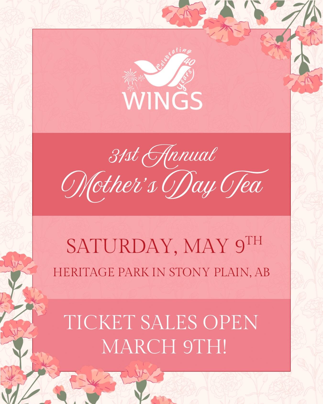 Ticket sales begin Monday, March 9. 🫖🌷

Join us for WINGS&rsquo; 31st Annual Mother&rsquo;s Day Tea, a cherished tradition that brings our community together to honour mothers, caregivers, and the strength of families rebuilding their lives.

This 