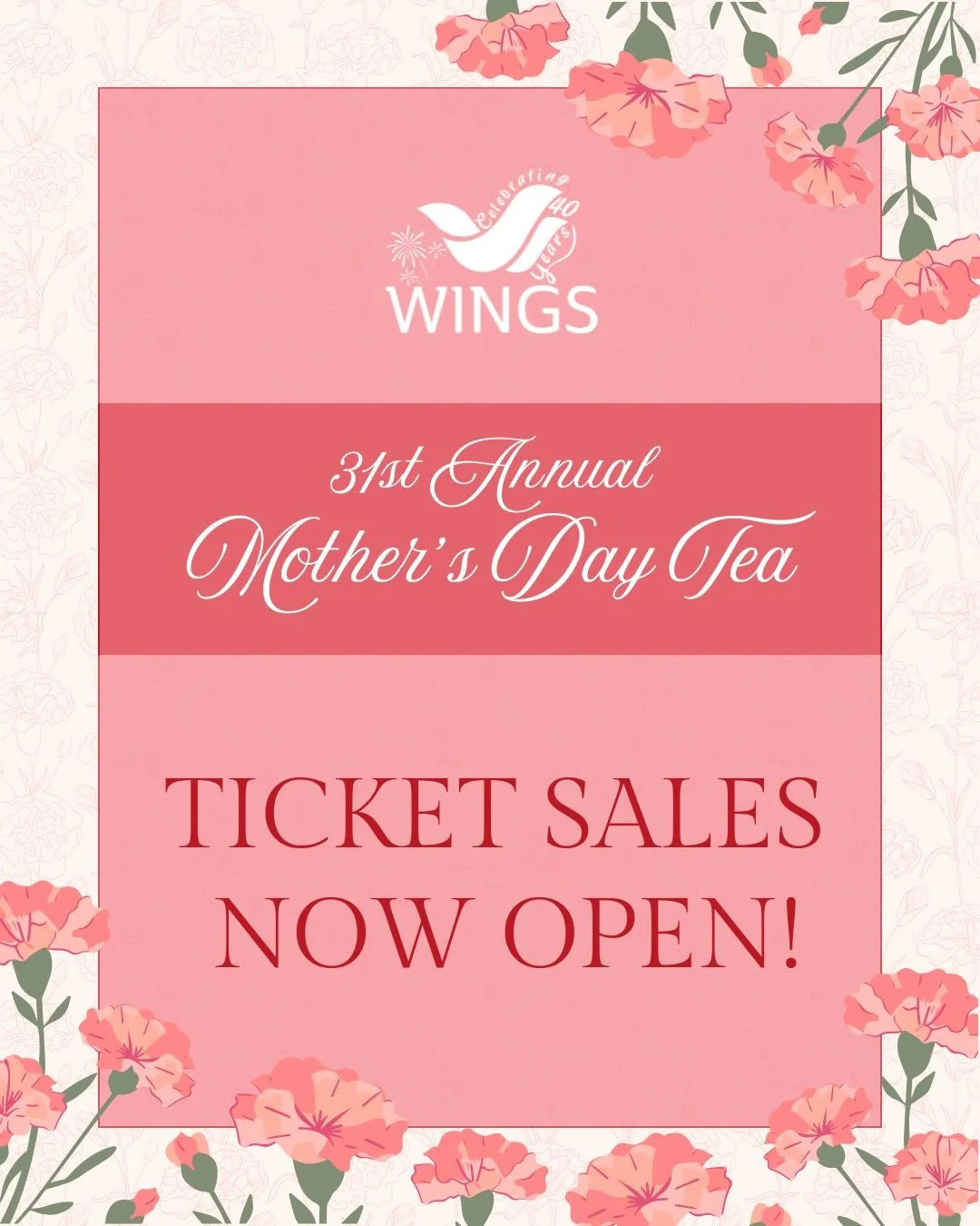 Tickets are now on sale. 🫖🌷

Join us for WINGS&rsquo; 31st Annual Mother&rsquo;s Day Tea, a cherished tradition that brings our community together to honour mothers, caregivers, and the strength of families rebuilding their lives.

This year is esp