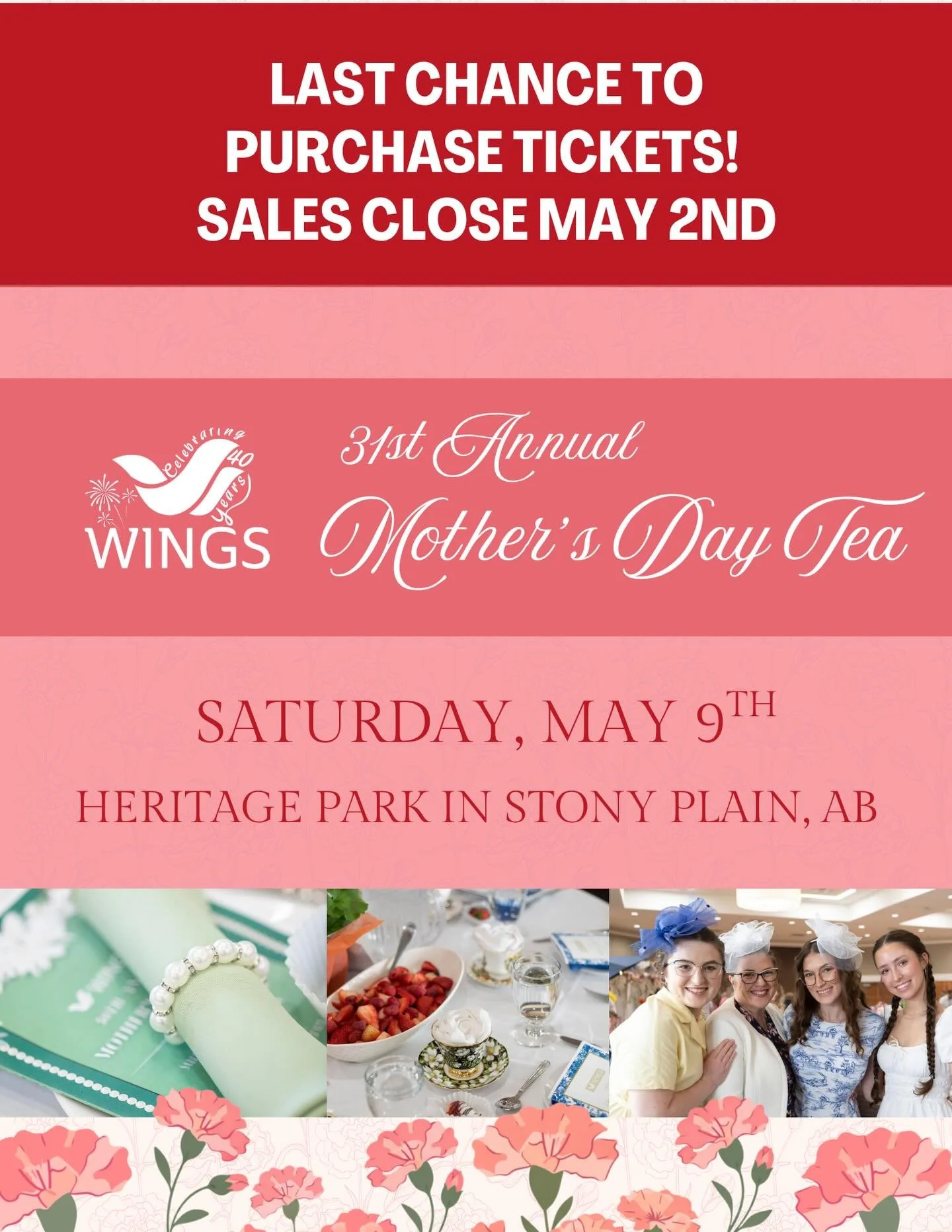 Hurry! Only 1 day left to purchase tickets for our 31st Annual Mother&rsquo;s Day Tea. 💐

We are now 90% sold out, so don&rsquo;t wait to reserve your seat.

📅 Saturday, May 9, 2026
🕰️ Doors open at 11:30 AM | Tea from 12:30 PM to 3:00 PM
📍 Herit