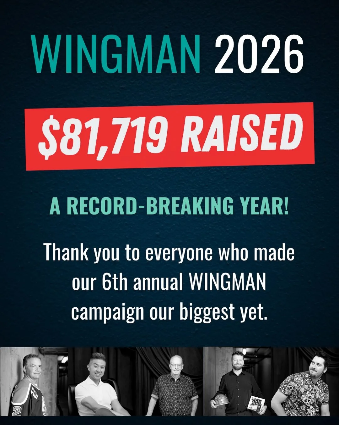$81,719 RAISED!
 
We are so excited to officially announce the final total for WINGMAN 2026: an incredible, record-breaking $81,719 raised for Wings!
 
In the sixth year of our annual WINGMAN campaign, our community showed up in an incredible way to 