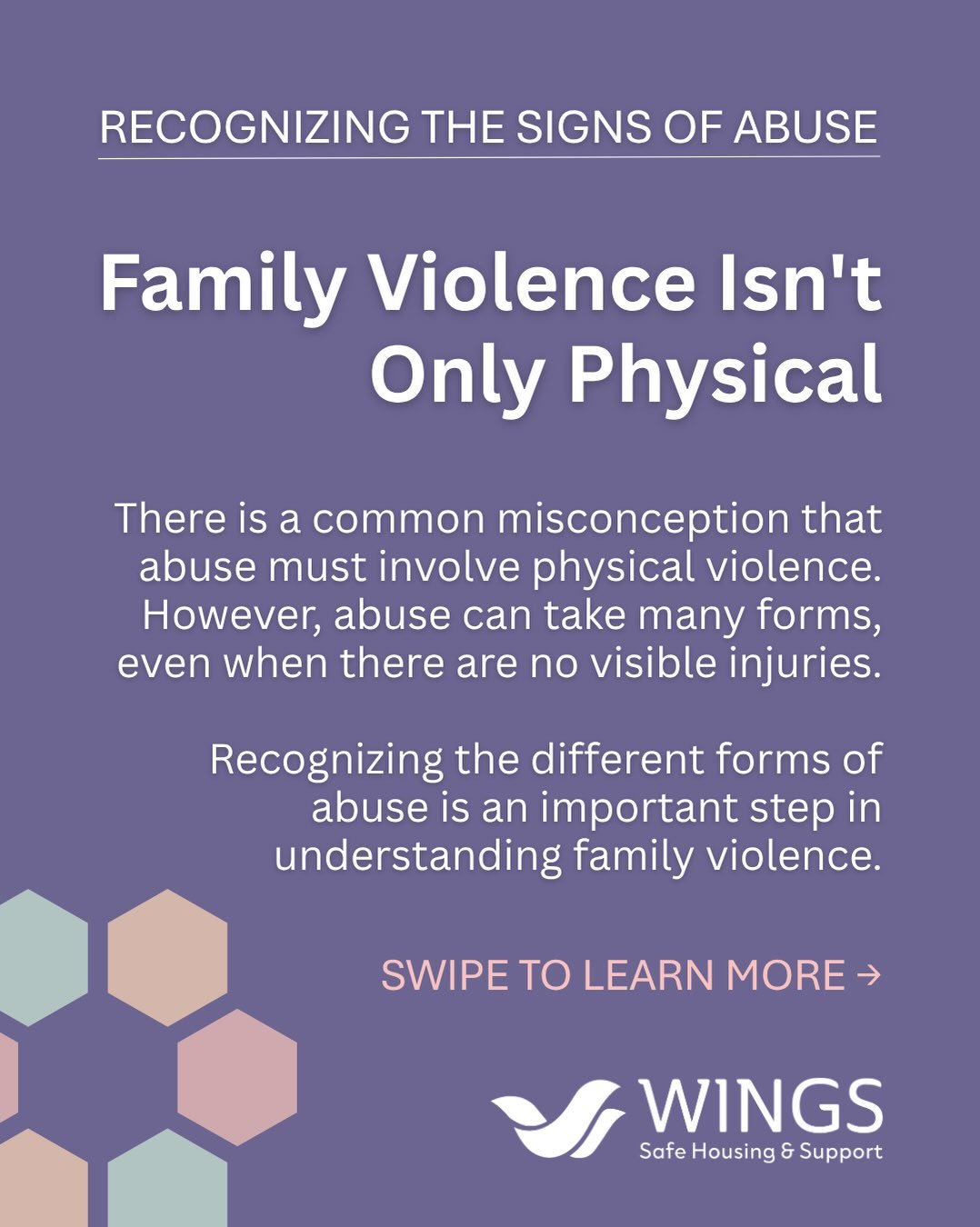 Recognizing the Different Types of Abuse
 
Family violence can take many forms, including emotional and psychological abuse, financial abuse, sexual abuse and physical abuse.
 
Each form of abuse can affect a person&rsquo;s safety, well-being and ind