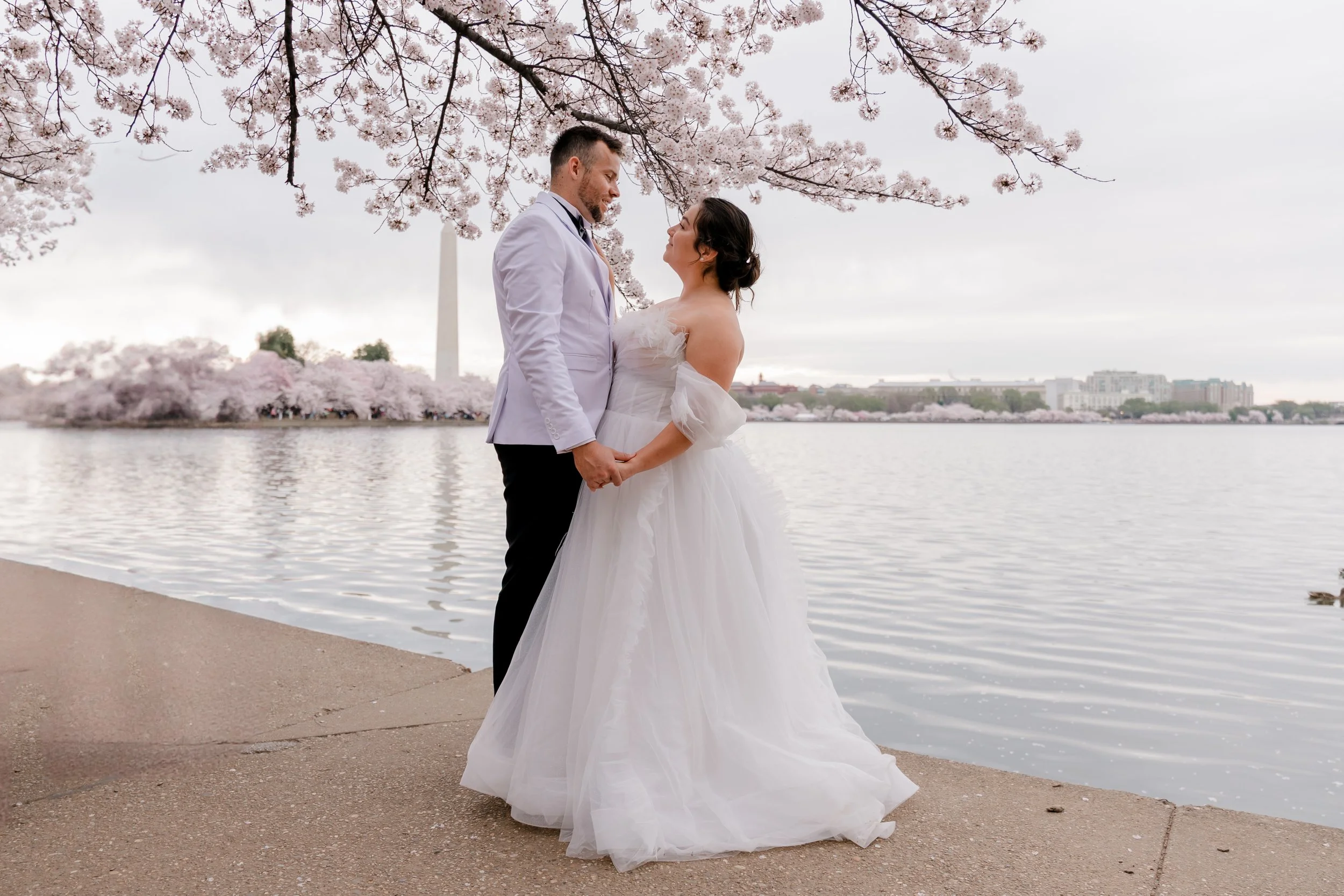 A bride and groom posing at the Tidal Basin with cherry blossom in Washington DC.
